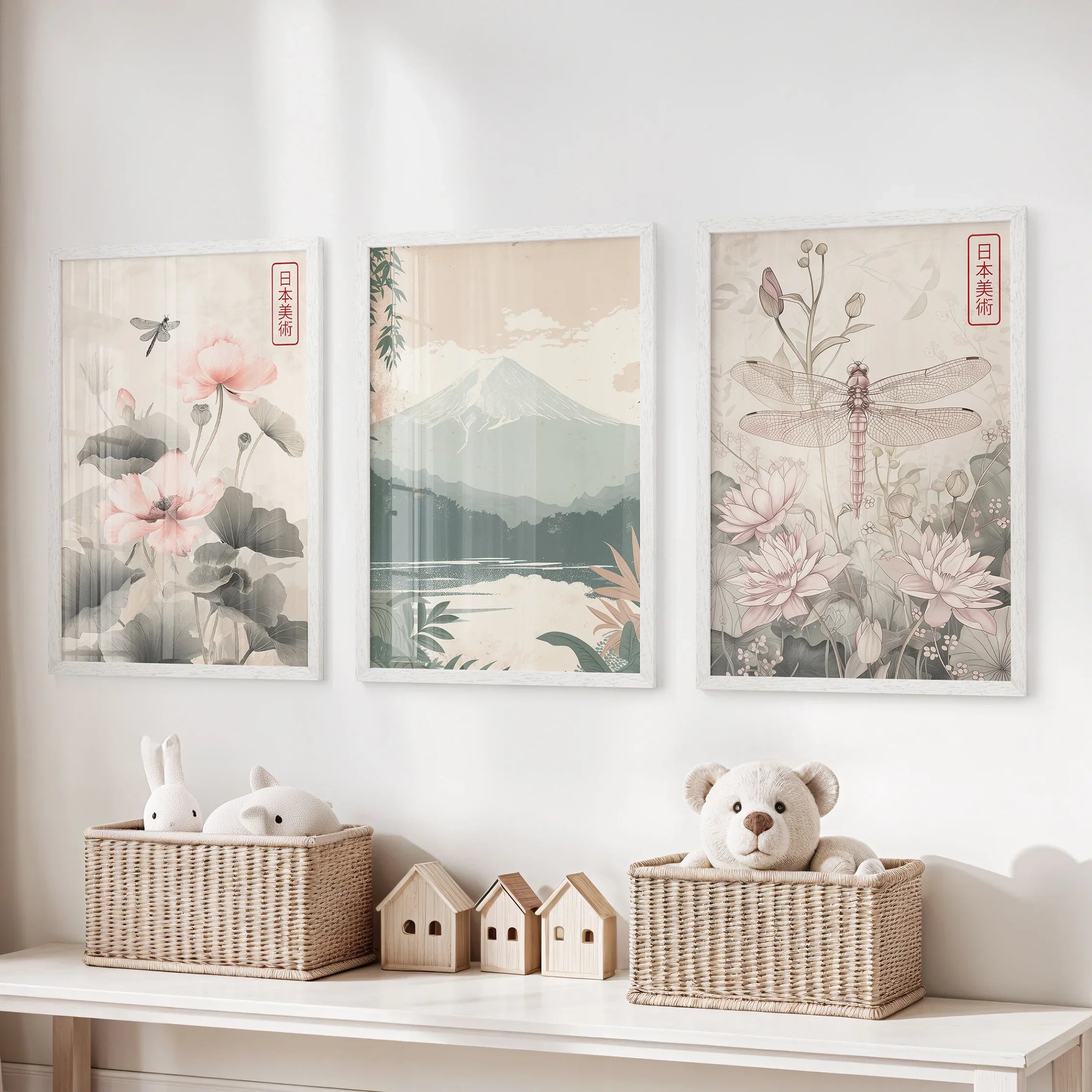 Japandi Style Set of 3 Wall Art. Floral and Mountain Prints