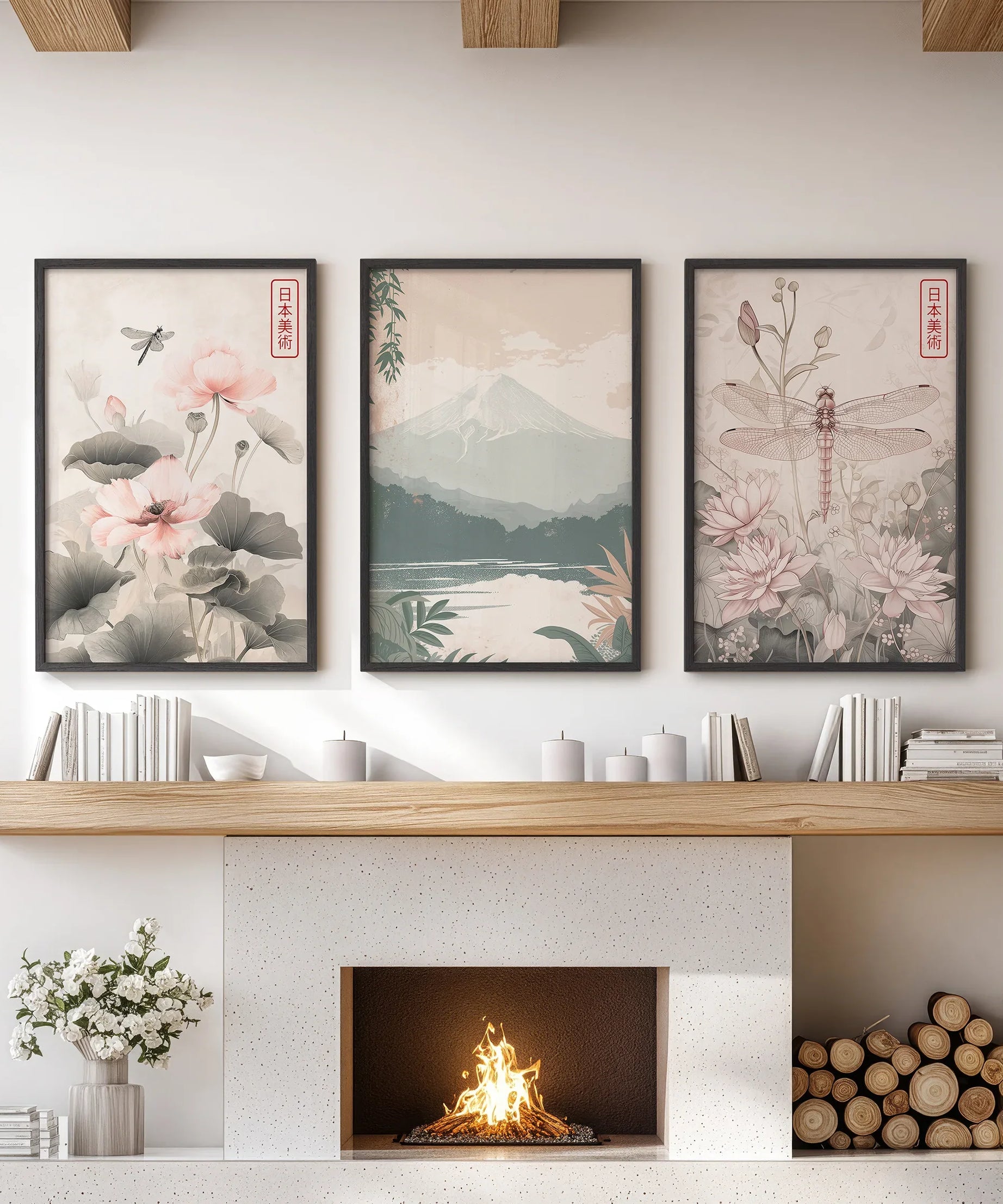 Japandi Style Set of 3 Wall Art. Floral and Mountain Prints