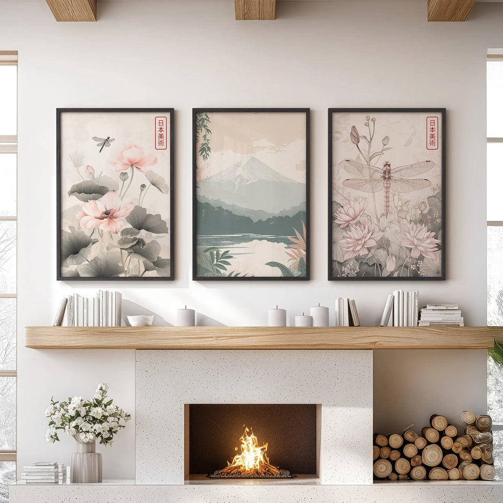 Japandi Style Set of 3 Wall Art. Floral and Mountain Prints