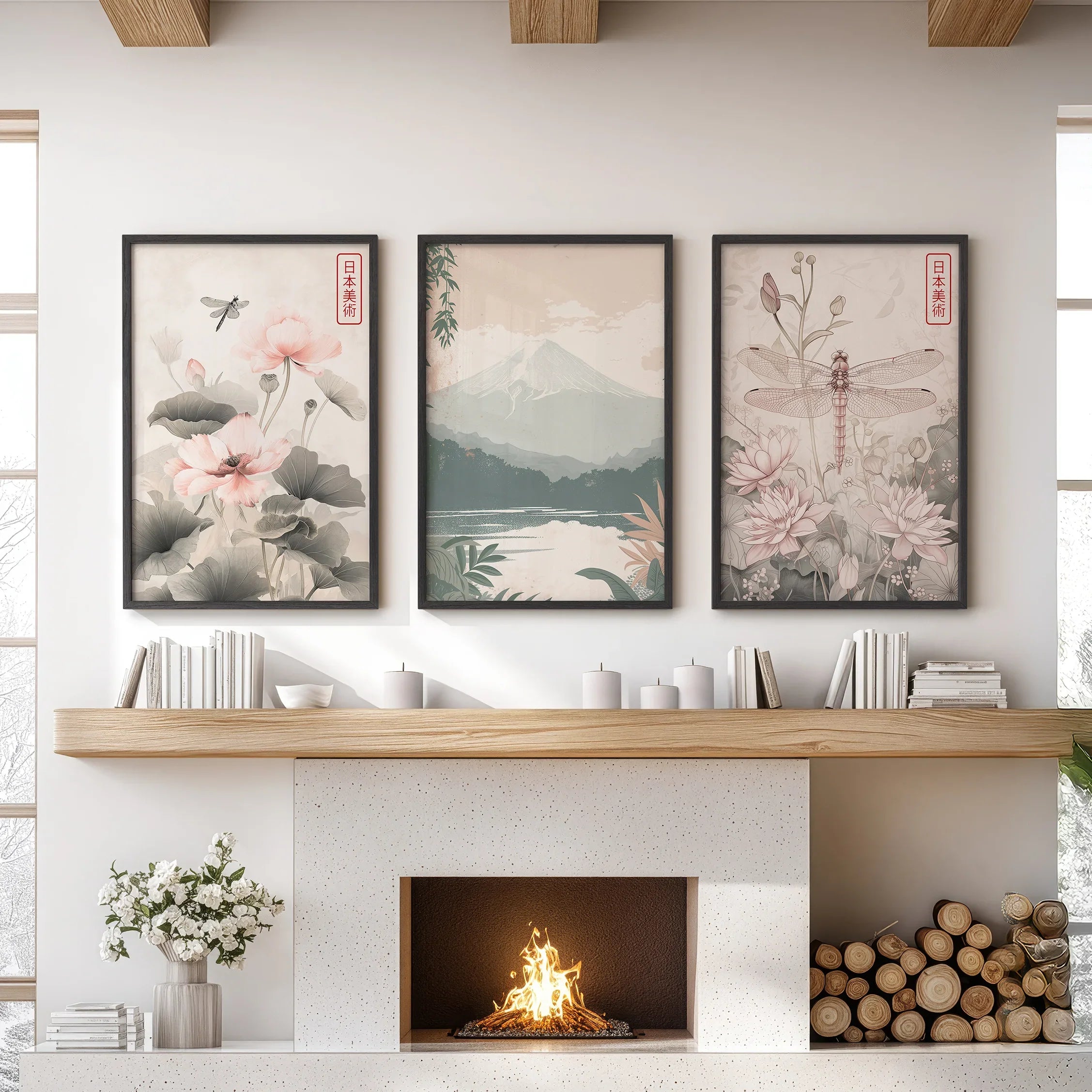 Japandi Style Set of 3 Wall Art. Floral and Mountain Prints