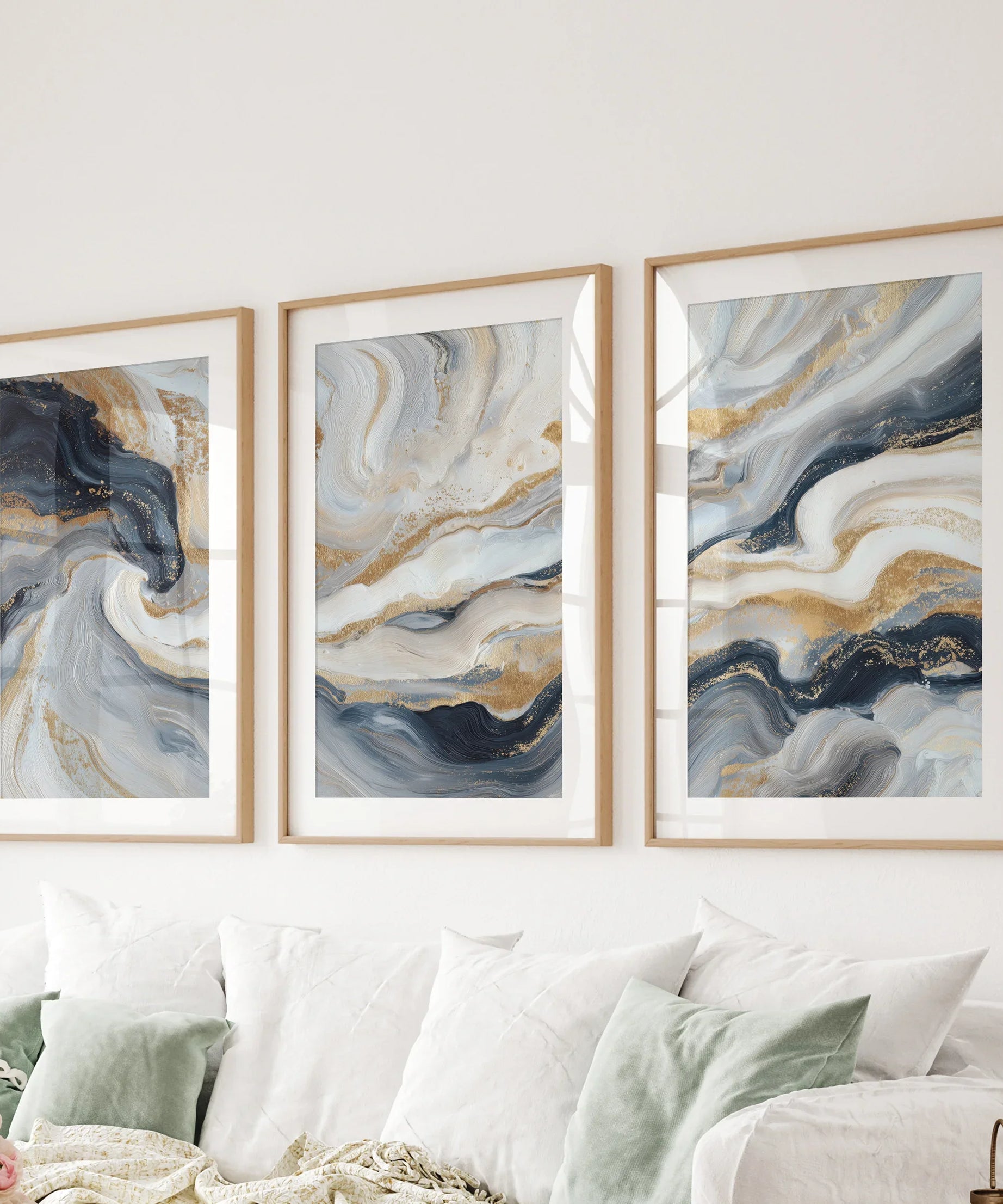 3 Piece Modern Abstract Marble Wall Art: Navy Blue and Gold