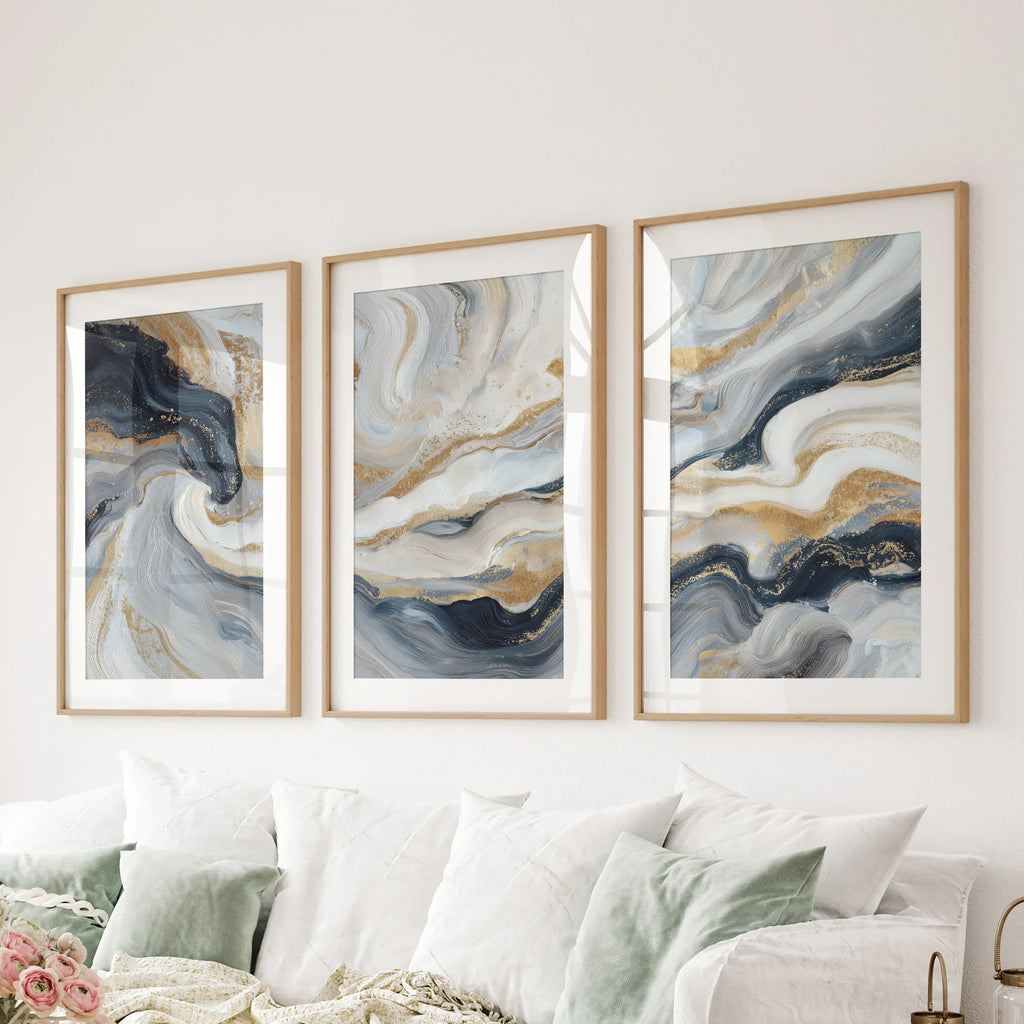 3 Piece Modern Abstract Marble Wall Art: Navy Blue and Gold