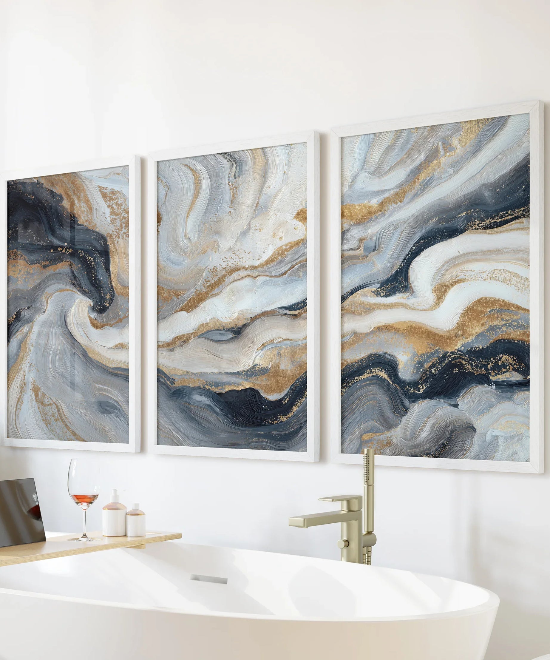 3 Piece Modern Abstract Marble Wall Art: Navy Blue and Gold