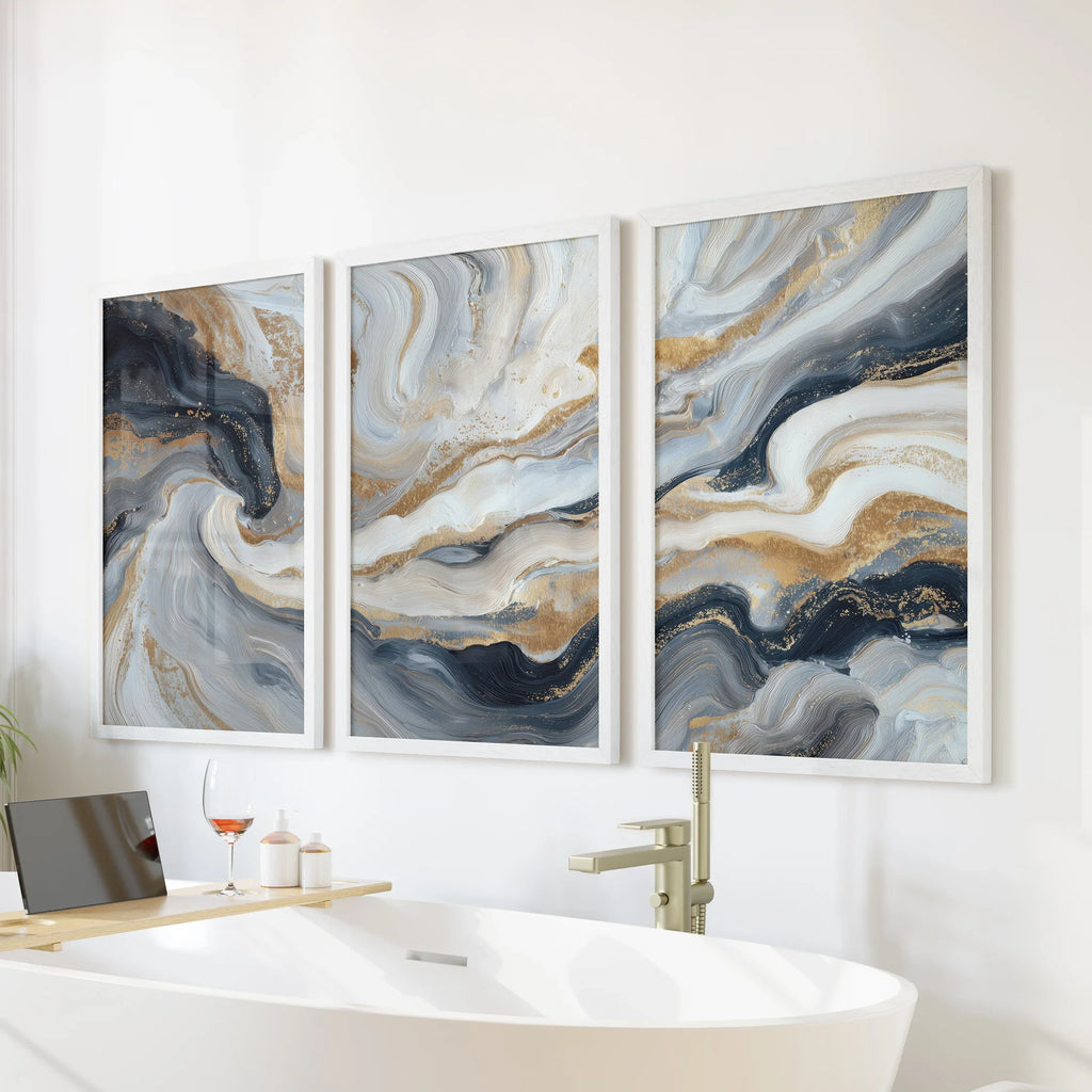 3 Piece Modern Abstract Marble Wall Art: Navy Blue and Gold