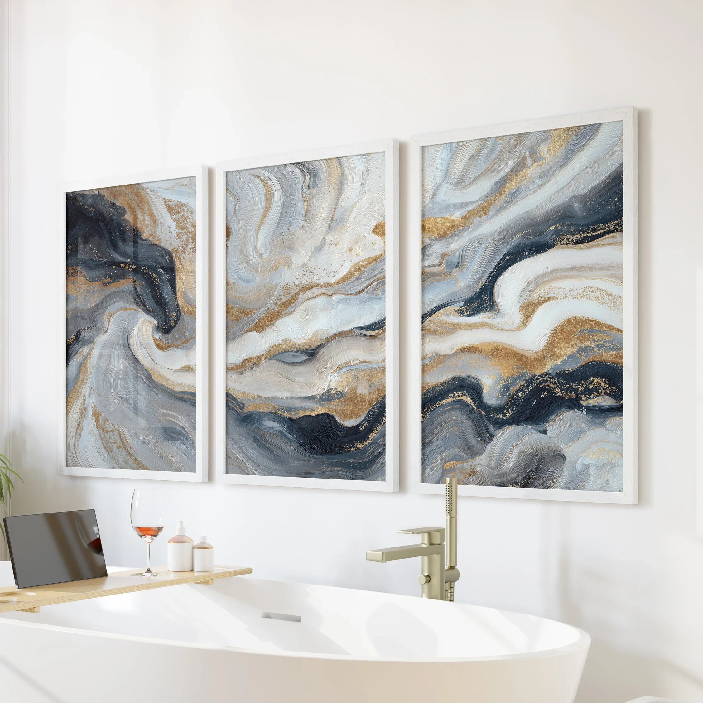 3 Piece Modern Abstract Marble Wall Art: Navy Blue and Gold