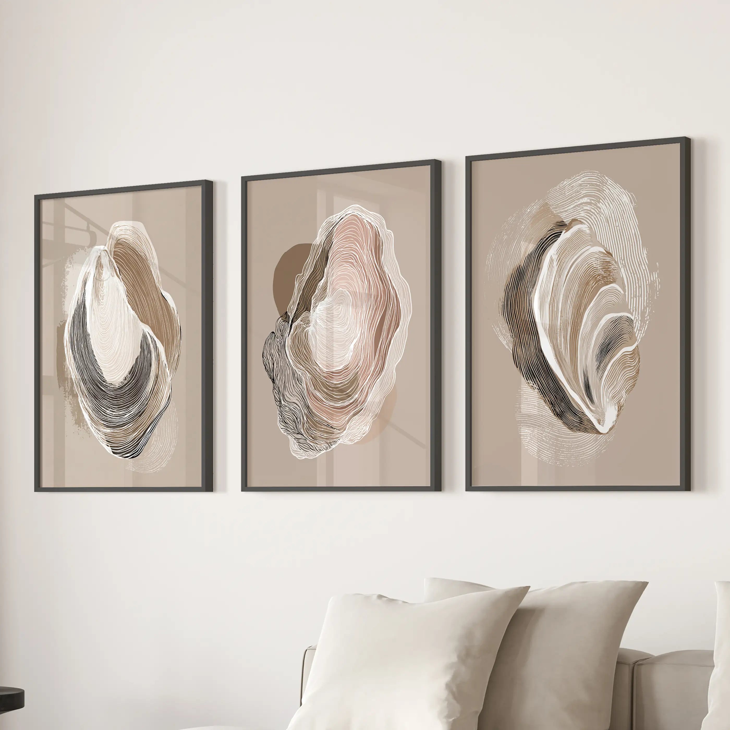 Vintage Oyster Shell Sketch. Minimalist Coastal Wall Art Set
