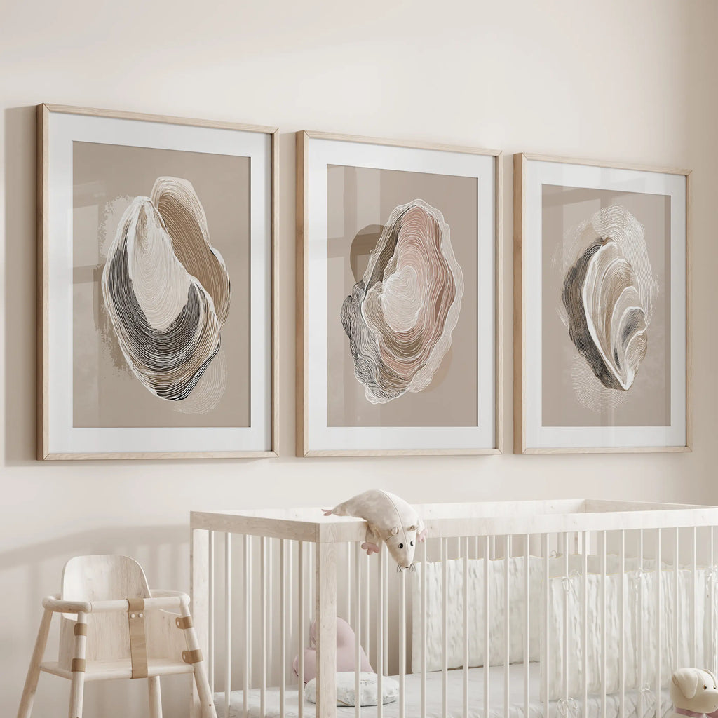 Vintage Oyster Shell Sketch. Minimalist Coastal Wall Art Set