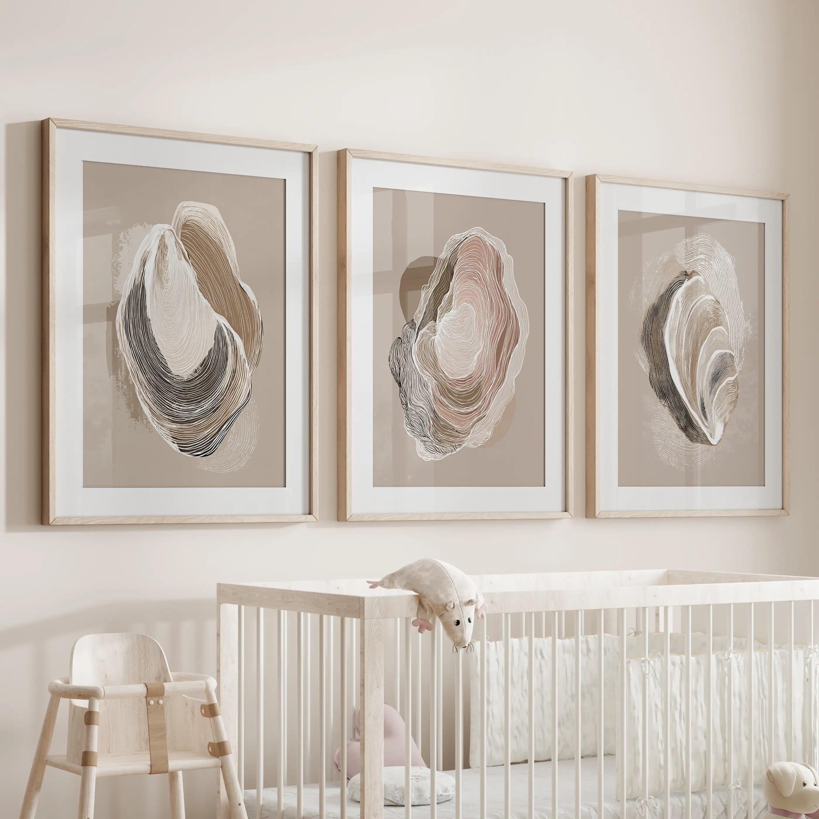 Vintage Oyster Shell Sketch. Minimalist Coastal Wall Art Set