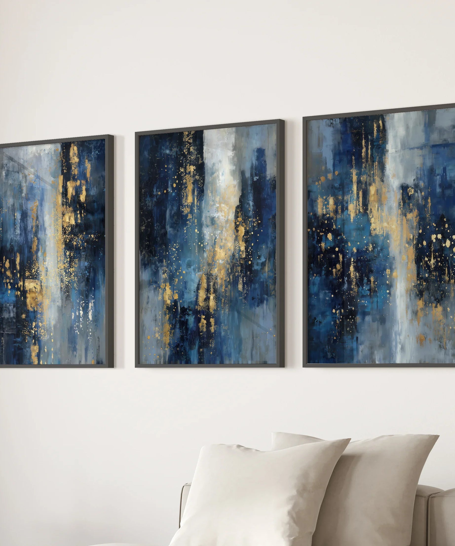 Navy Blue and Gold Triptych. Sparkle Oil Painting Prints
