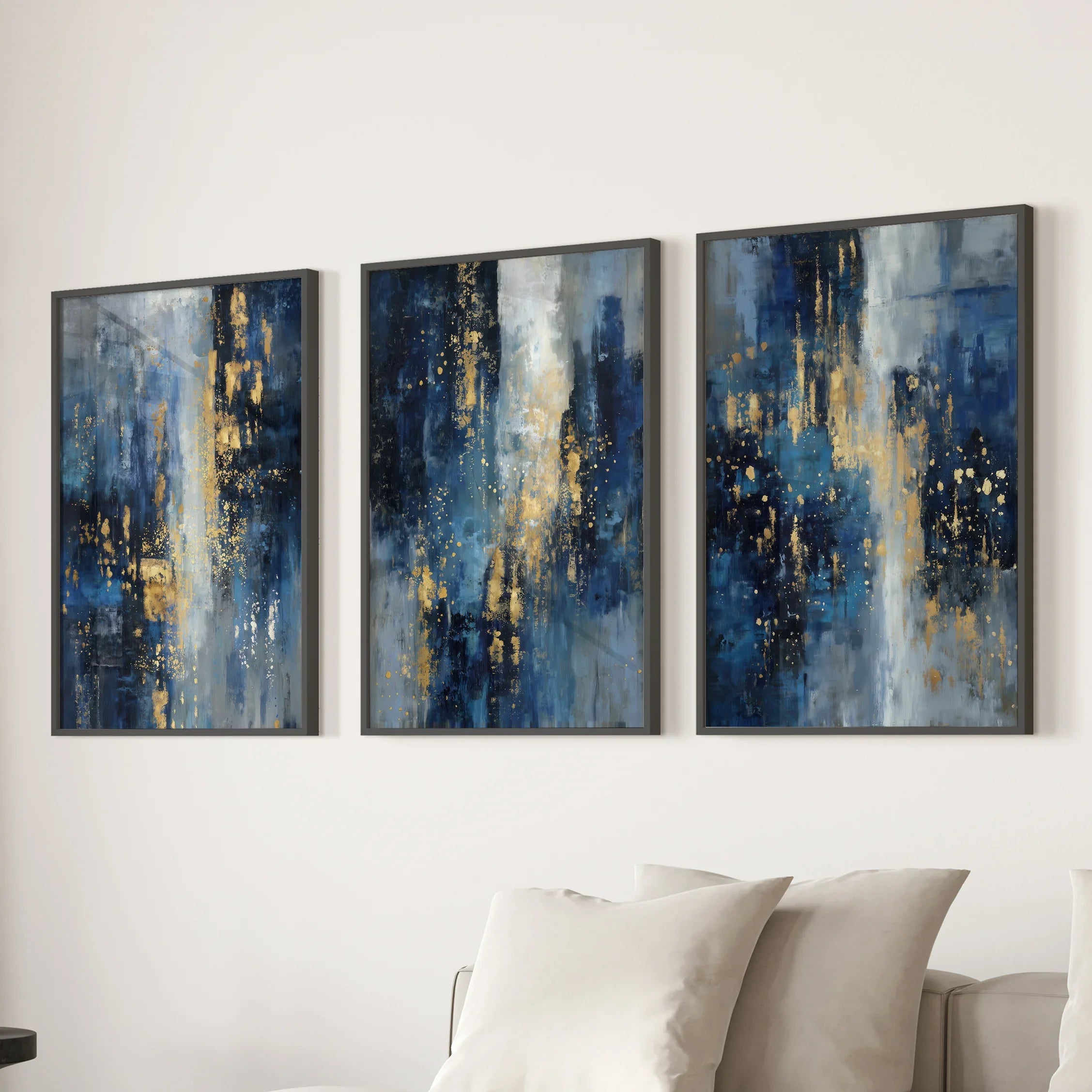 Navy Blue and Gold Triptych. Sparkle Oil Painting Prints