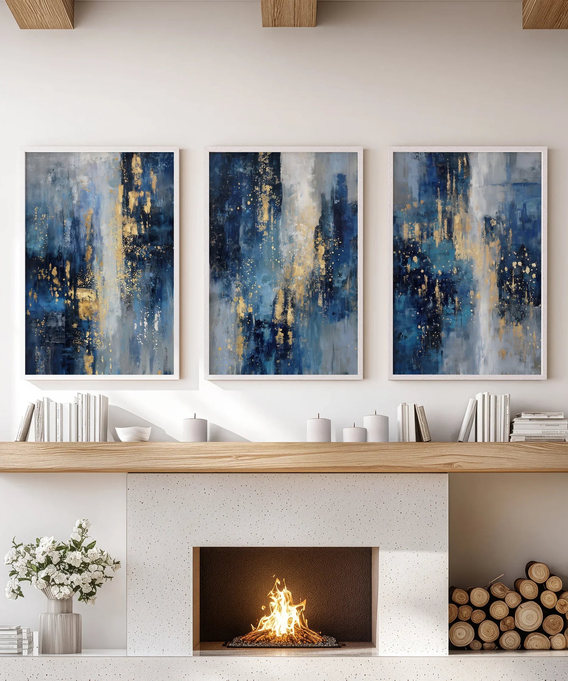Navy Blue and Gold Triptych. Sparkle Oil Painting Prints