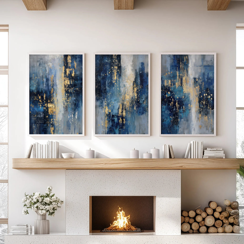 Navy Blue and Gold Triptych. Sparkle Oil Painting Prints