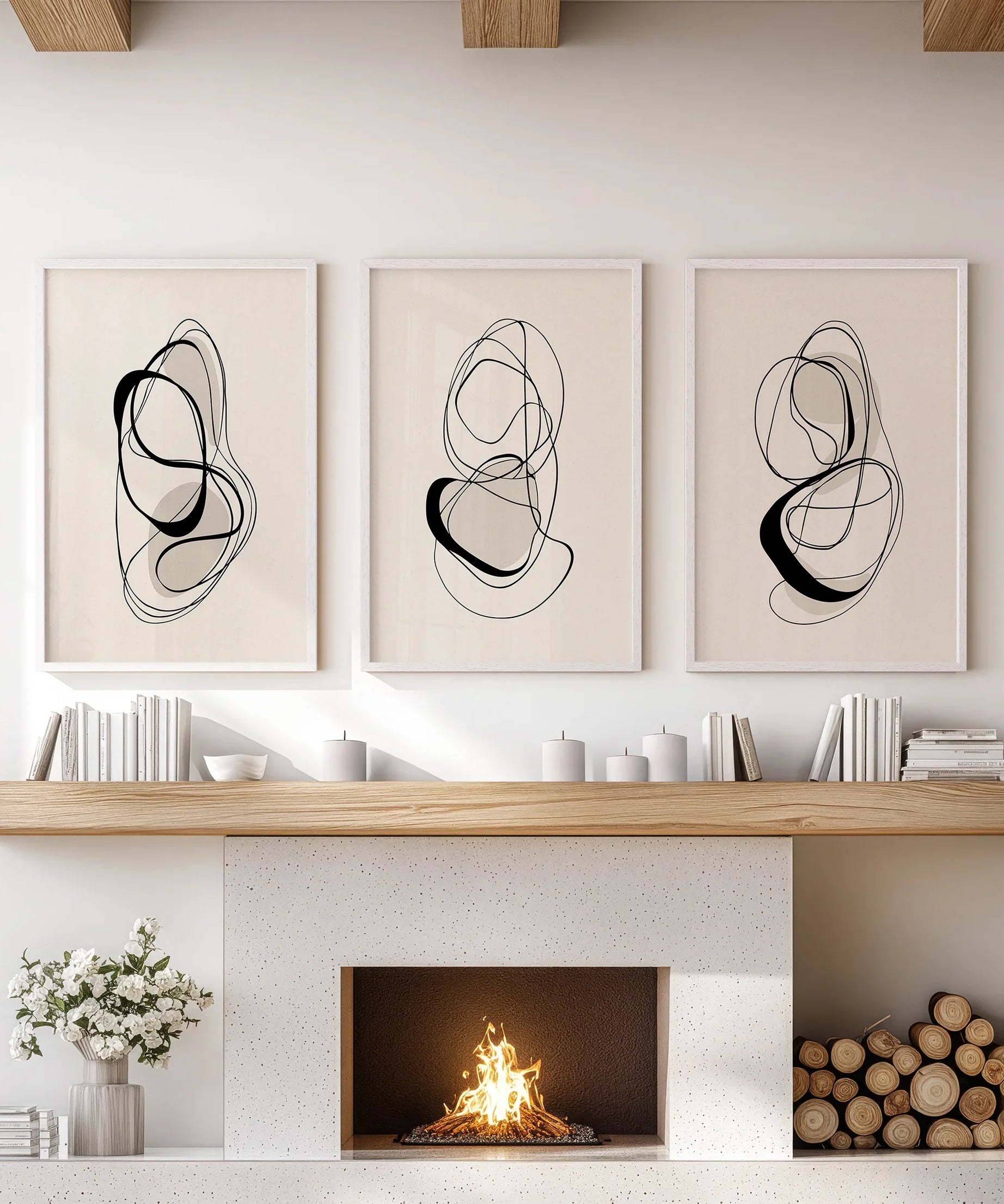 Black and Beige Abstract Set of 3 Wall Art. Minimalist Lines