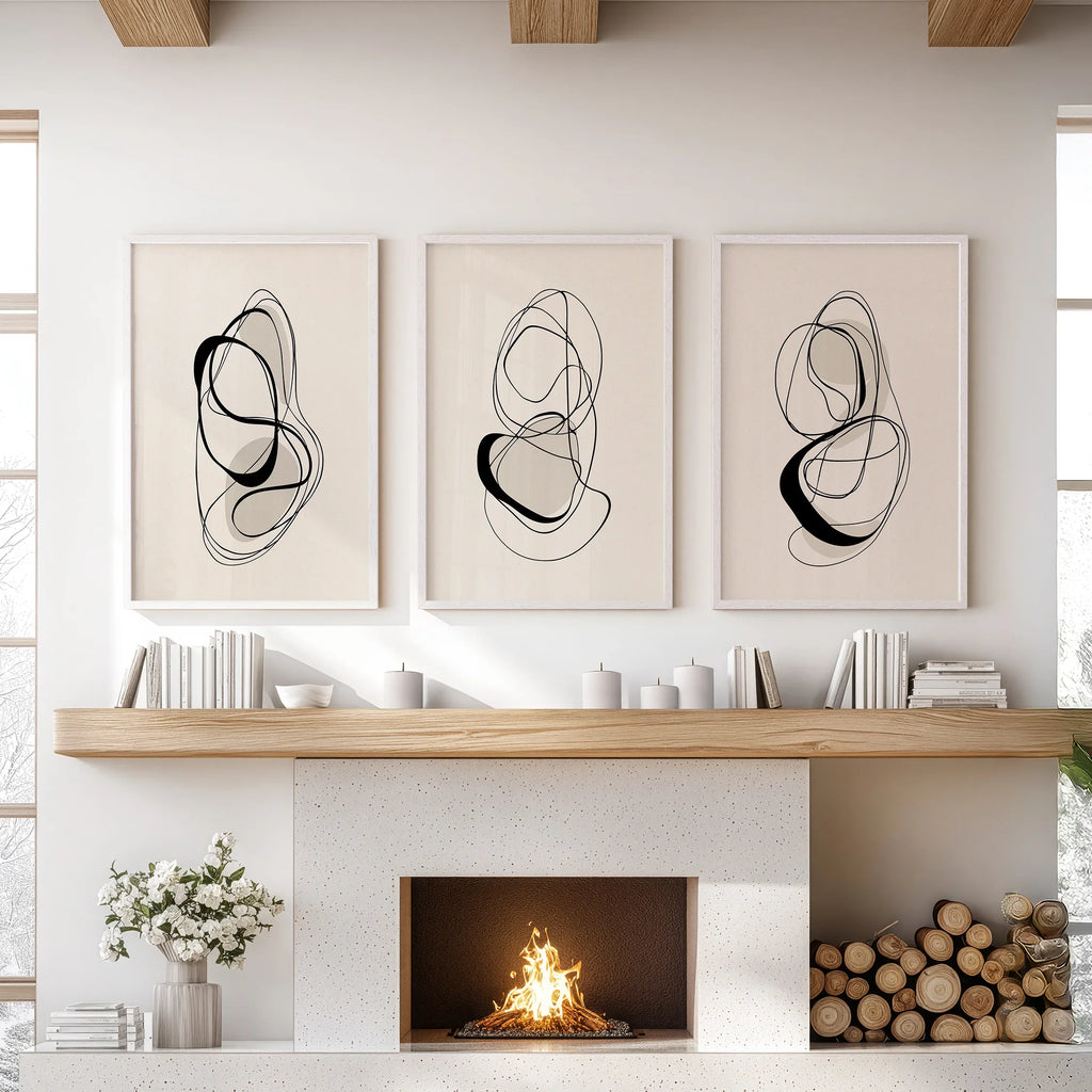 Black and Beige Abstract Set of 3 Wall Art. Minimalist Lines