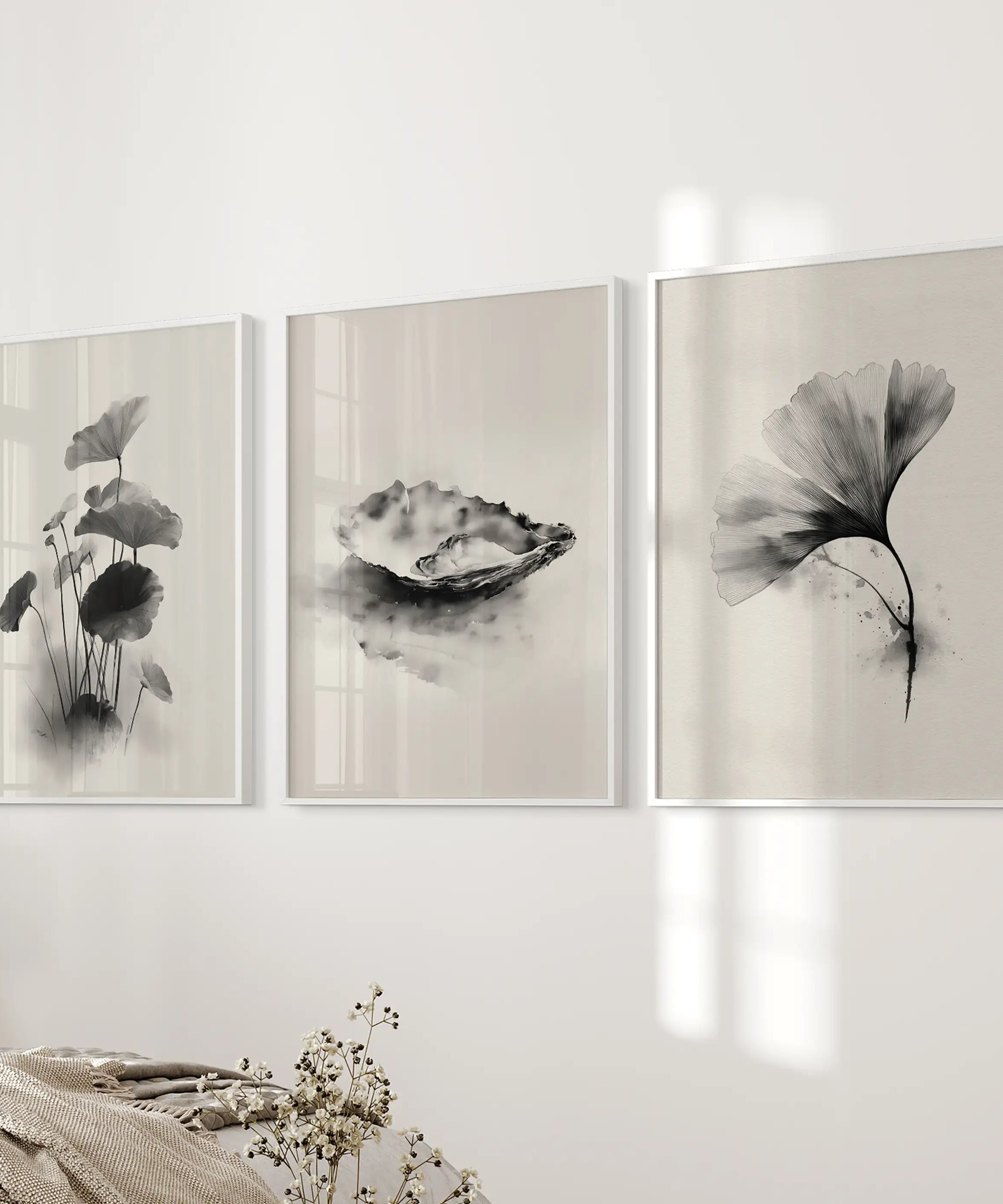 Minimalist Japanese Set of 3 Prints. Black and White Flowers Decor