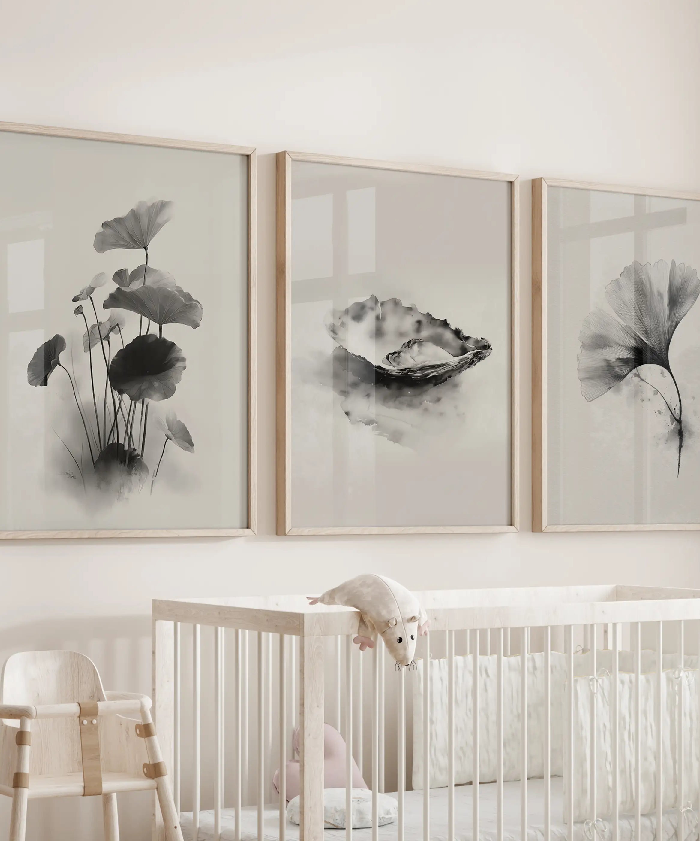 Minimalist Japanese Set of 3 Prints. Black and White Flowers Decor