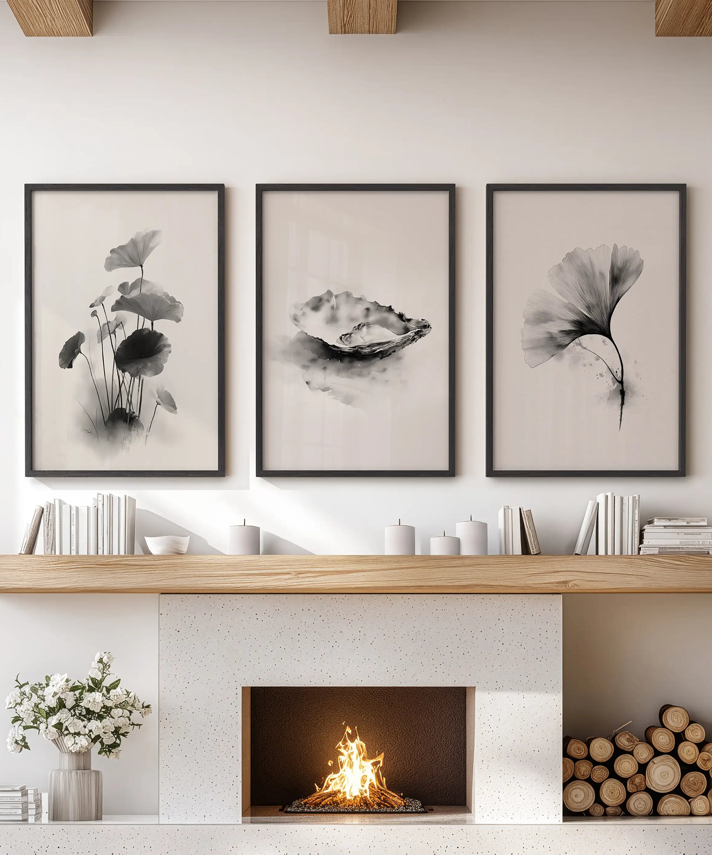 Minimalist Japanese Set of 3 Prints. Black and White Flowers Decor
