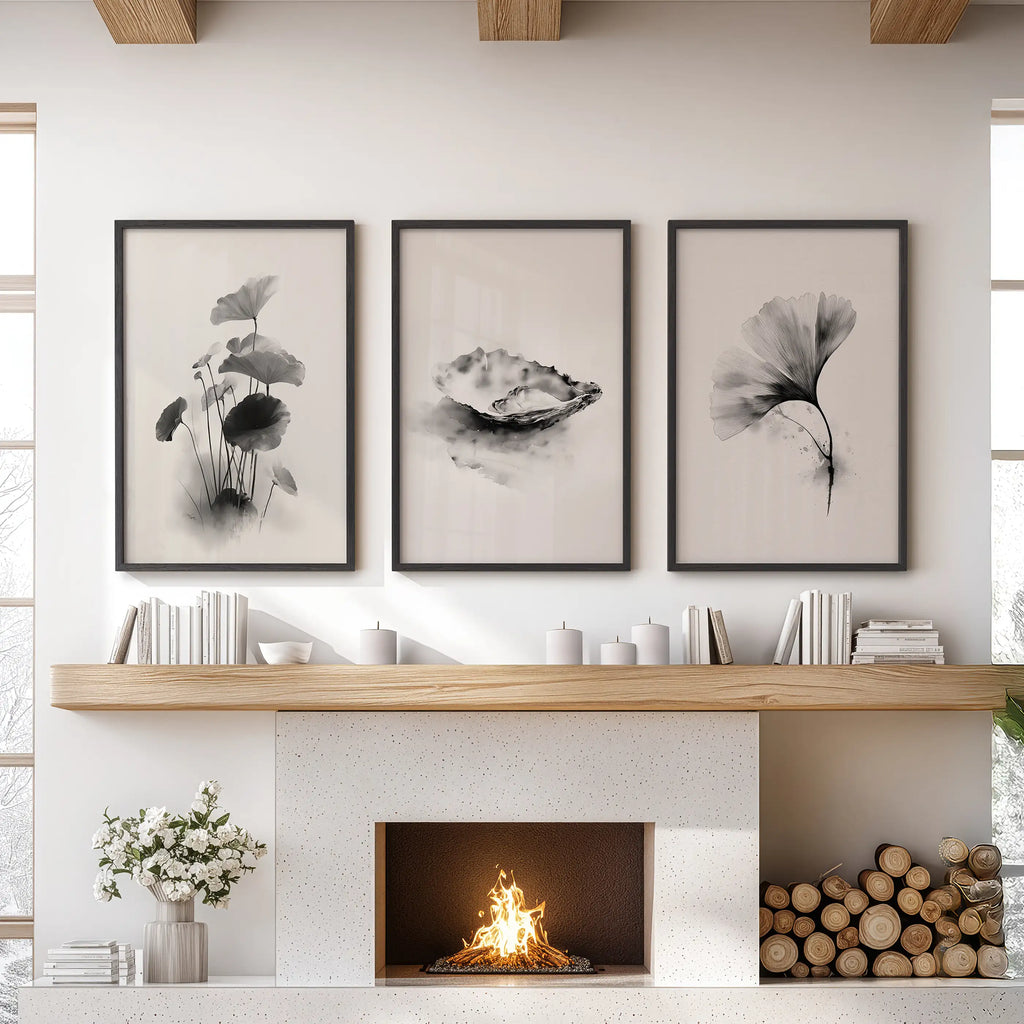 Minimalist Japanese Set of 3 Prints. Black and White Flowers Decor