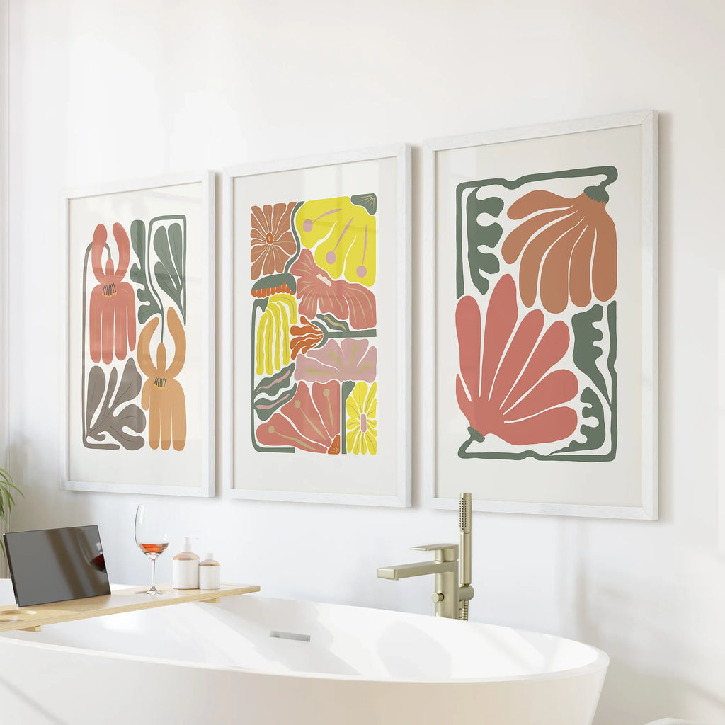 Boho Chic Botanical Decor. Set of 3 Abstract Flowers Prints