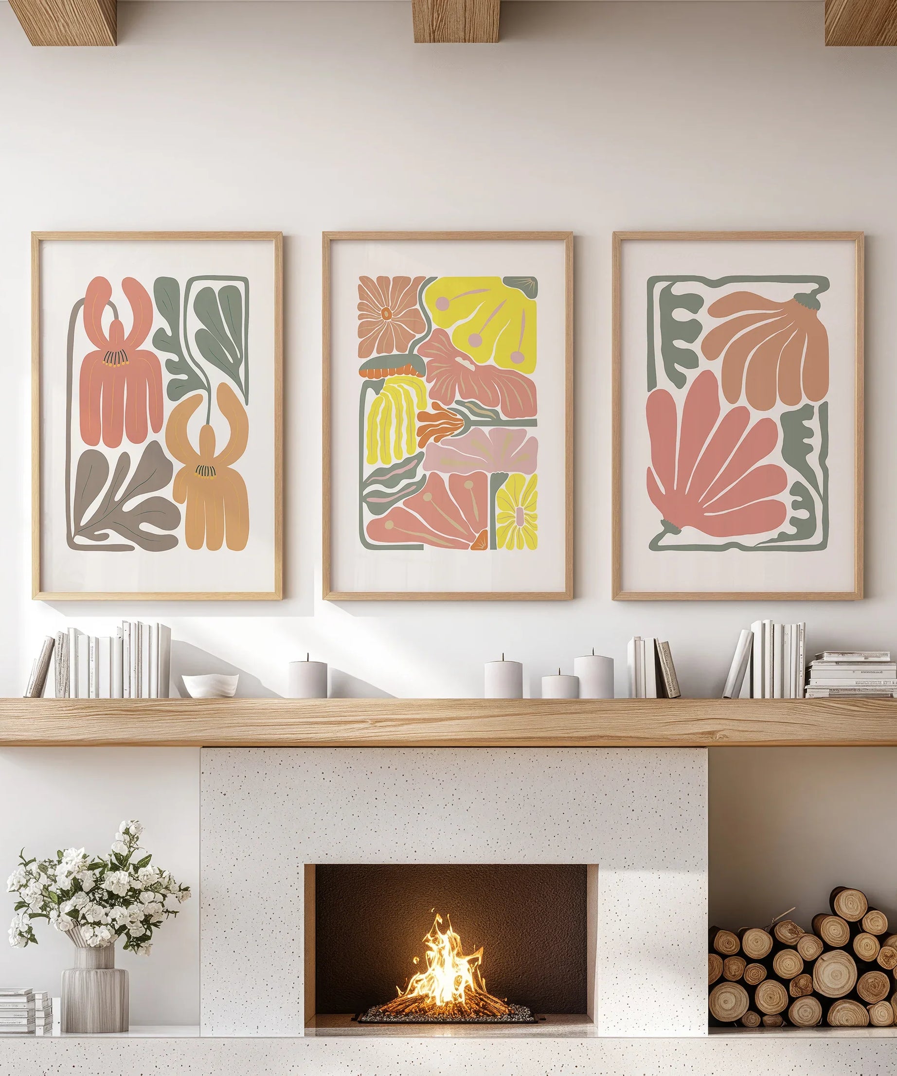 Boho Chic Botanical Decor. Set of 3 Abstract Flowers Prints