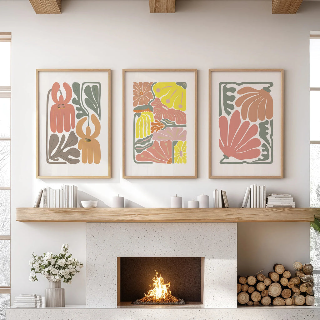 Boho Chic Botanical Decor. Set of 3 Abstract Flowers Prints