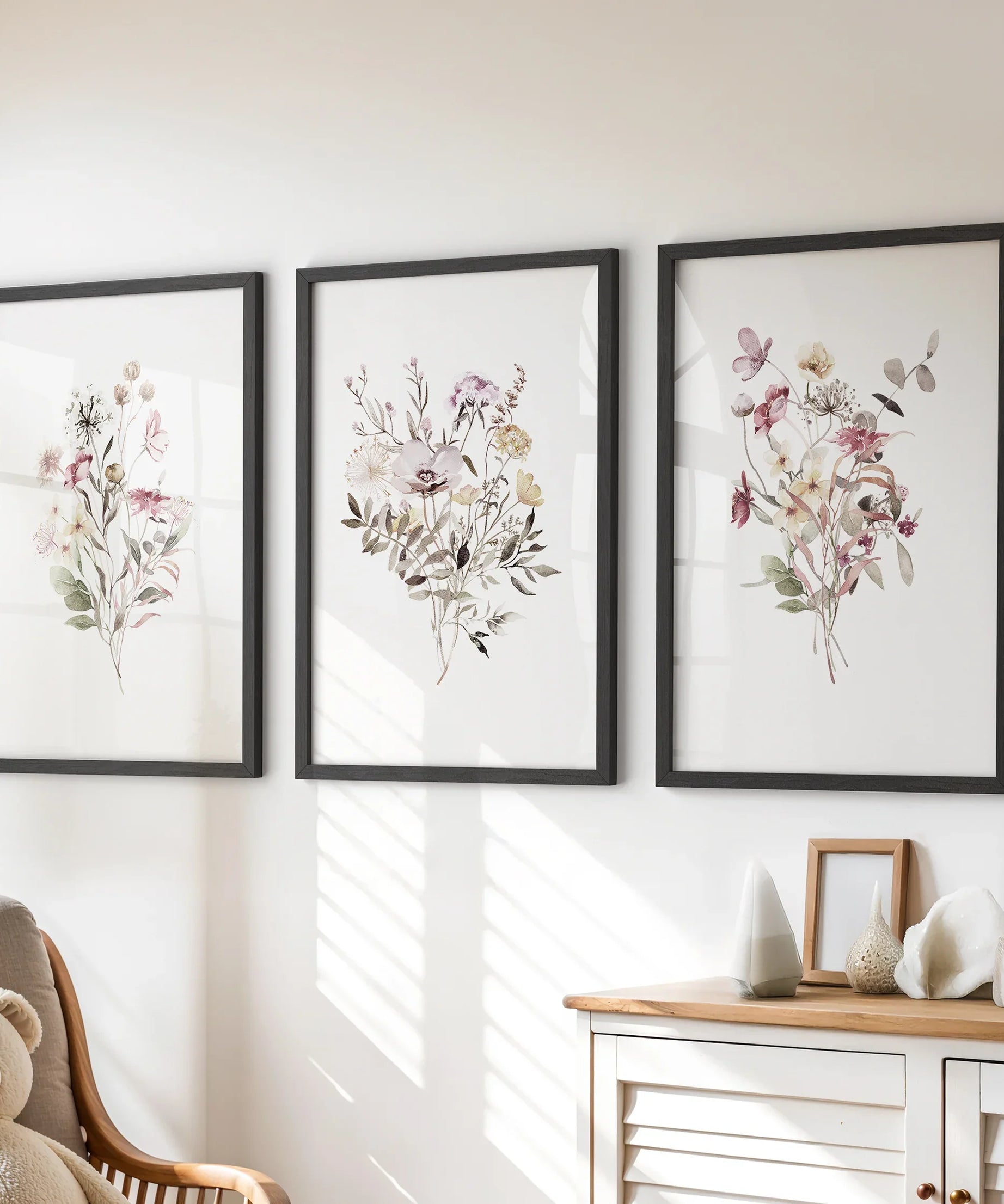 Floral Art Set of 3. Watercolor Wildflower Bouquet Prints
