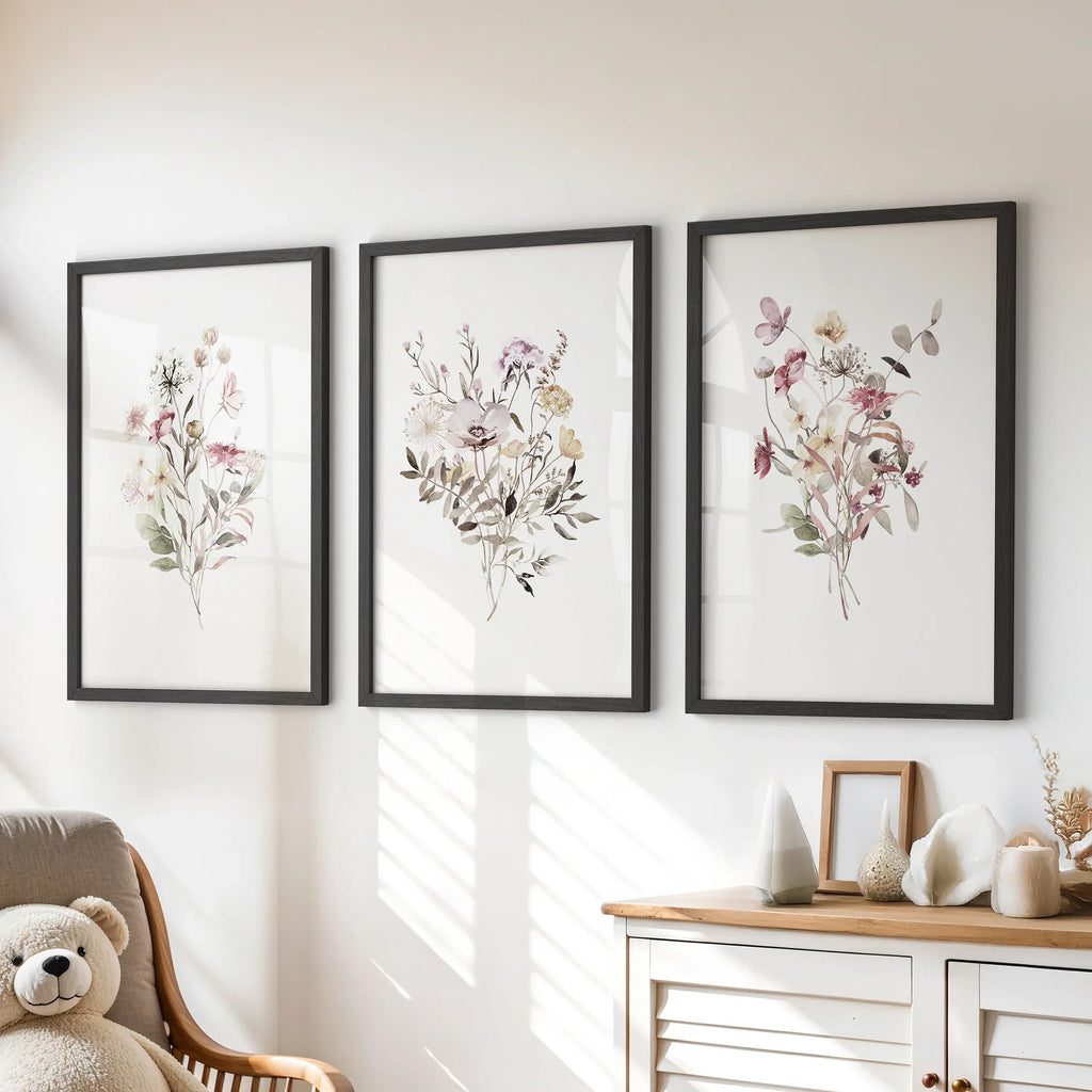 Floral Art Set of 3. Watercolor Wildflower Bouquet Prints