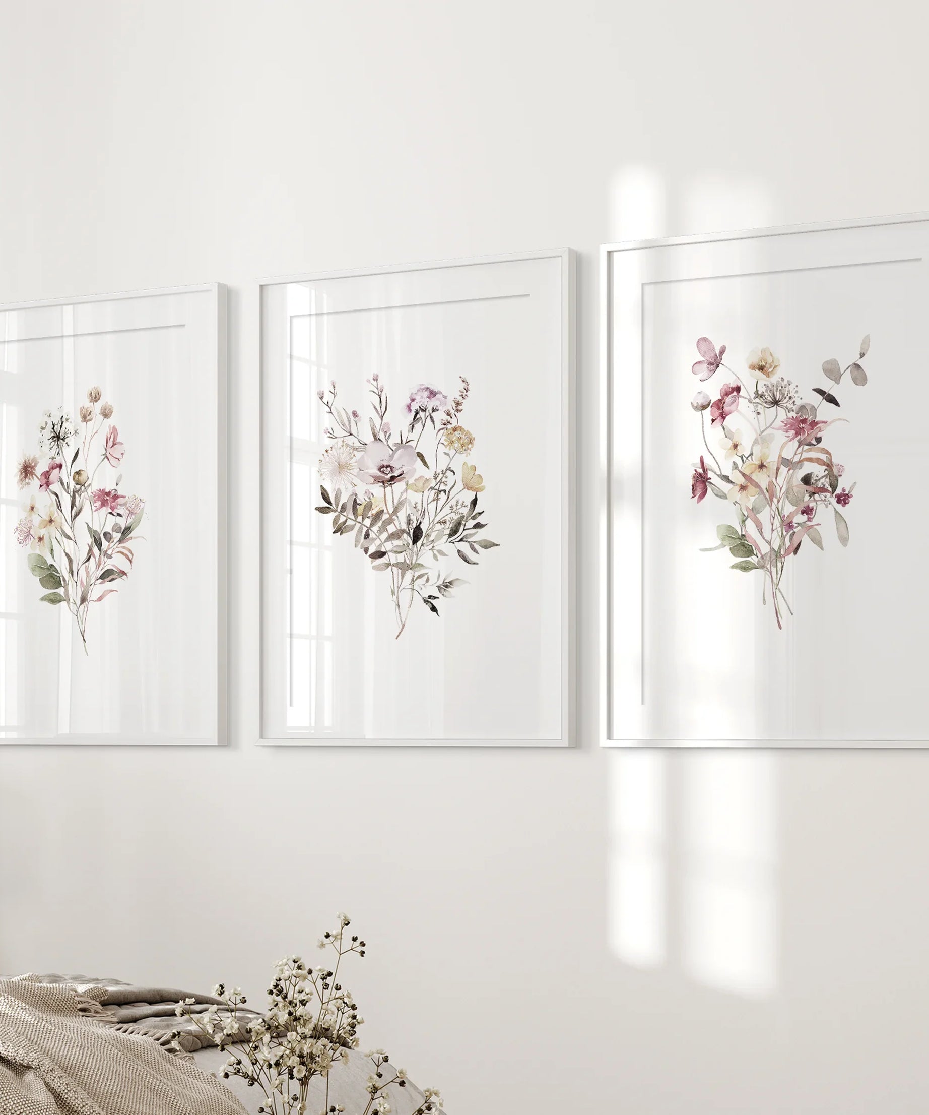 Floral Art Set of 3. Watercolor Wildflower Bouquet Prints