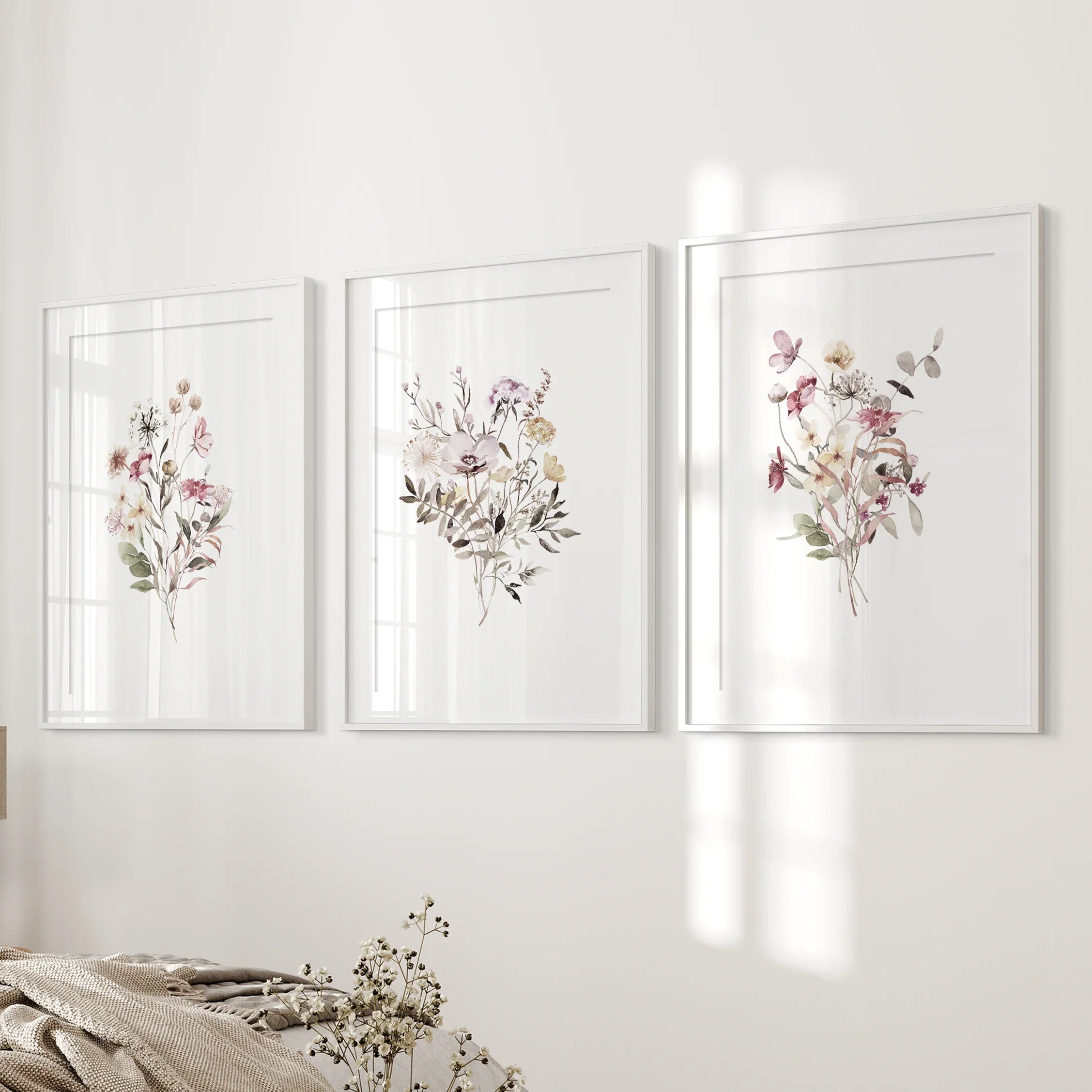 Floral Art Set of 3. Watercolor Wildflower Bouquet Prints
