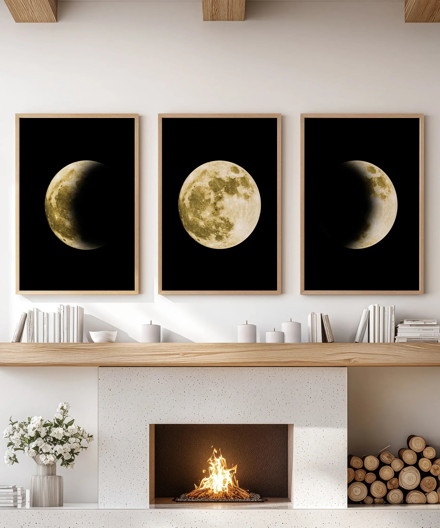 Celestial Moon 3 Piece Wall Decor. Gold Full Moon, Phases