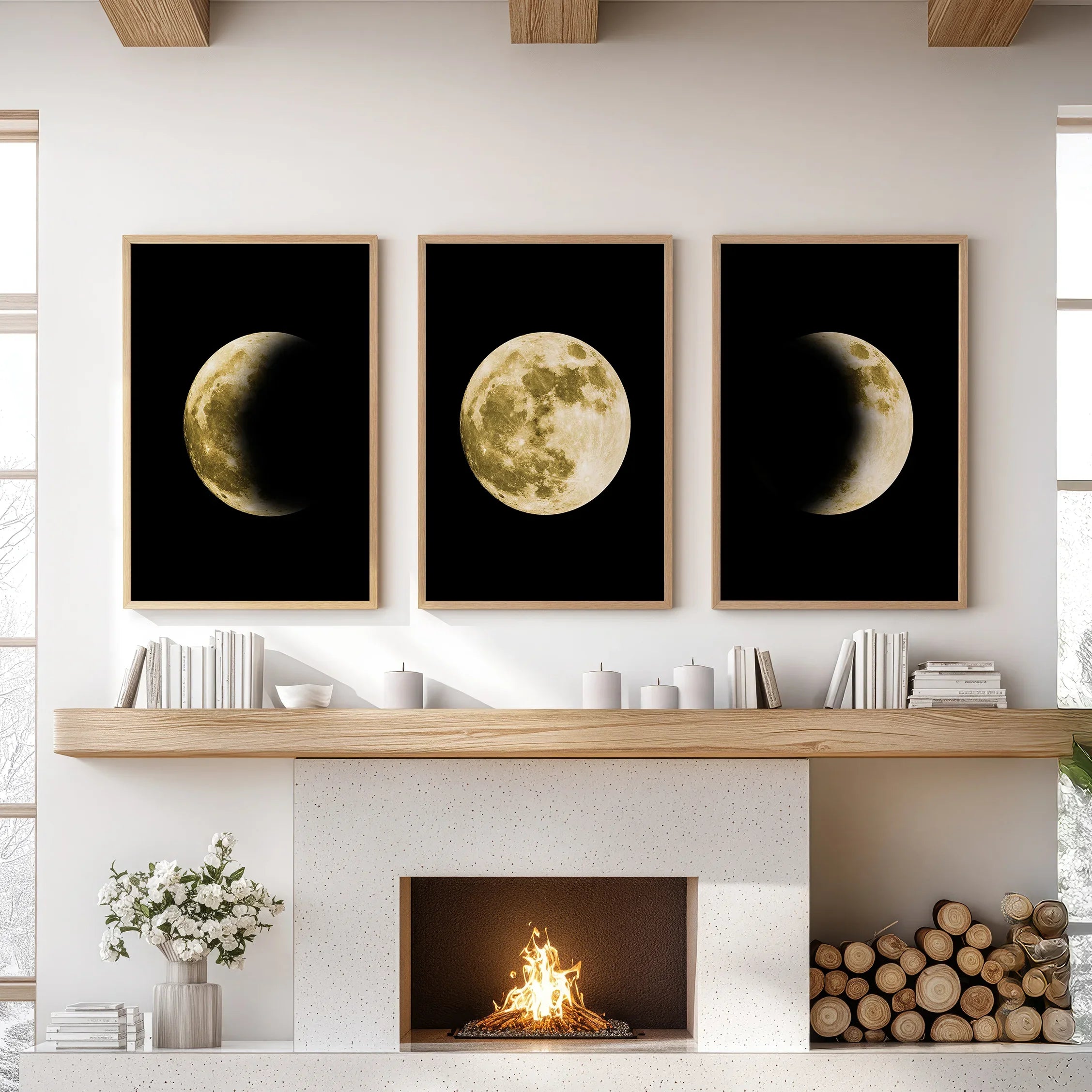 Celestial Moon 3 Piece Wall Decor. Gold Full Moon, Phases