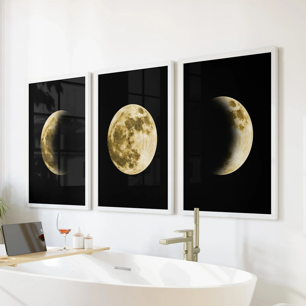 Celestial Moon 3 Piece Wall Decor. Gold Full Moon, Phases