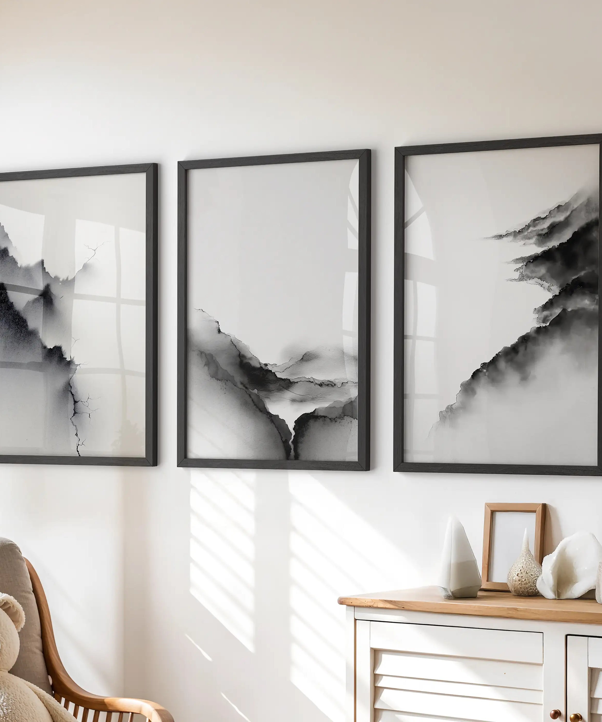 Black White Mountain Landscape Art Set of 3. Calming Nature