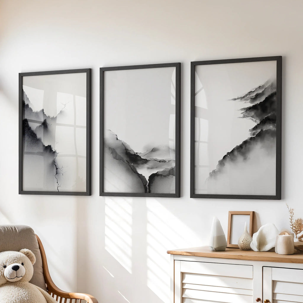 Black White Mountain Landscape Art Set of 3. Calming Nature
