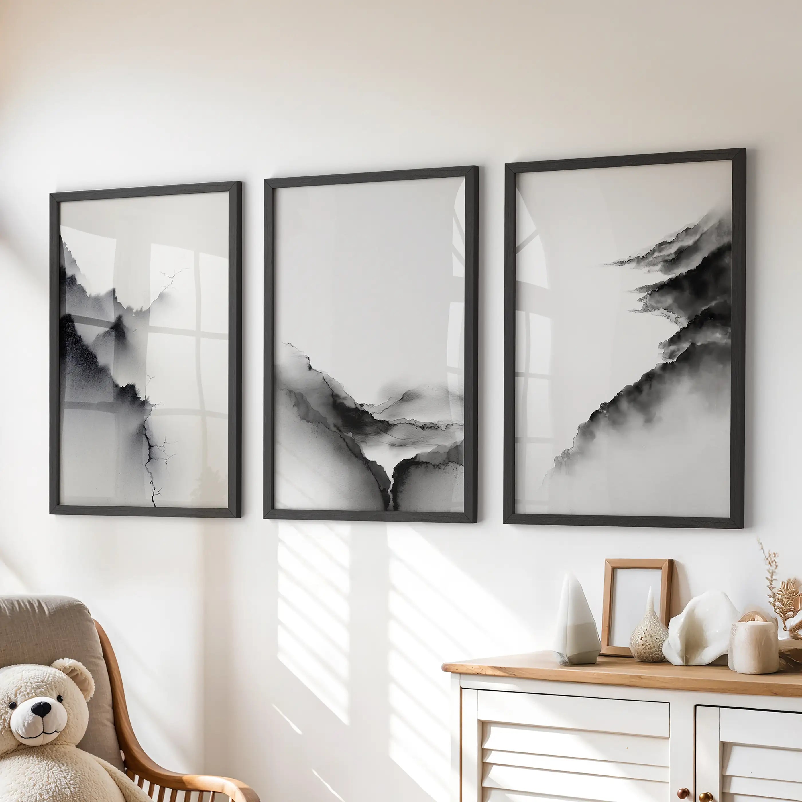 Black White Mountain Landscape Art Set of 3. Calming Nature
