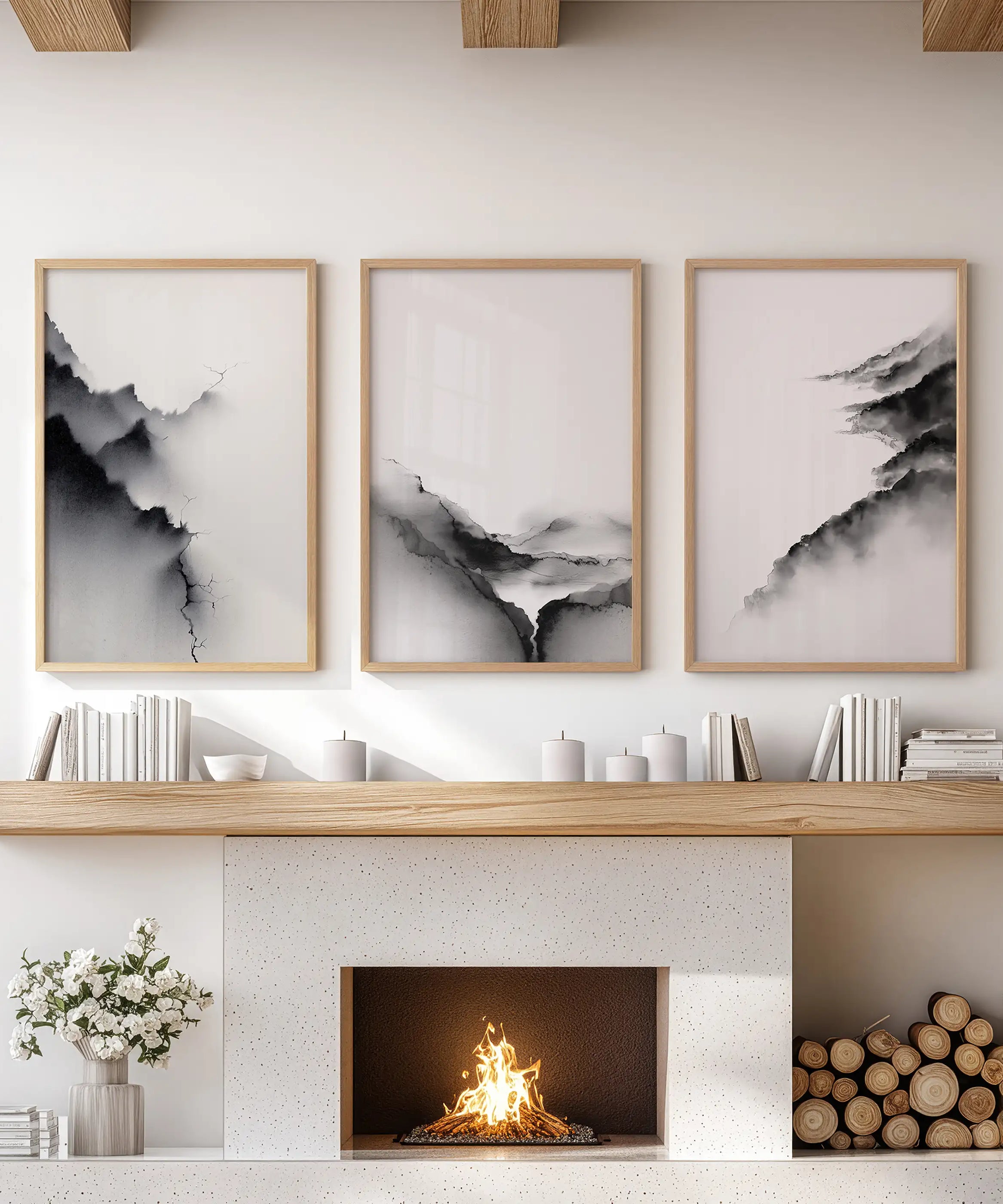 Black White Mountain Landscape Art Set of 3. Calming Nature