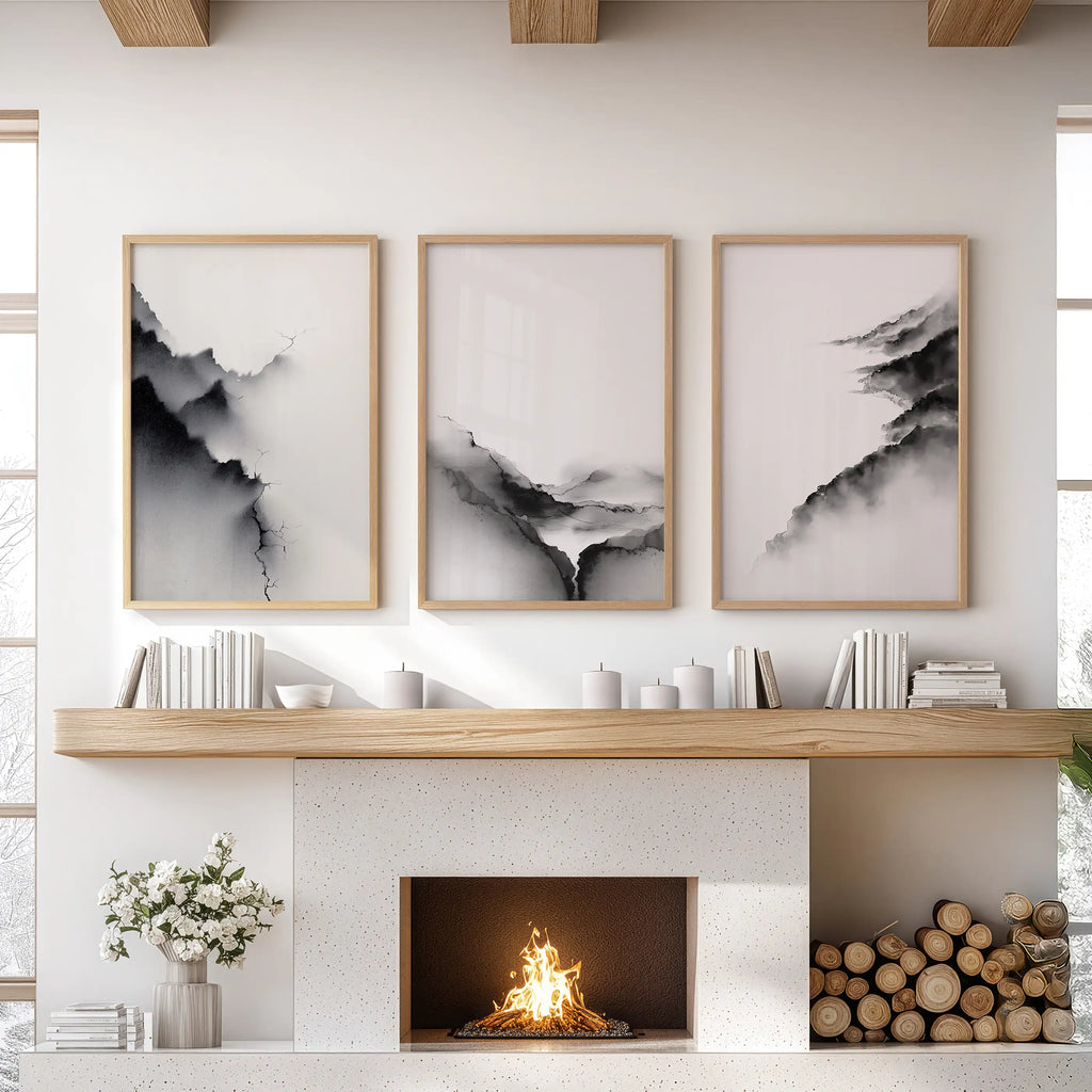 Black White Mountain Landscape Art Set of 3. Calming Nature