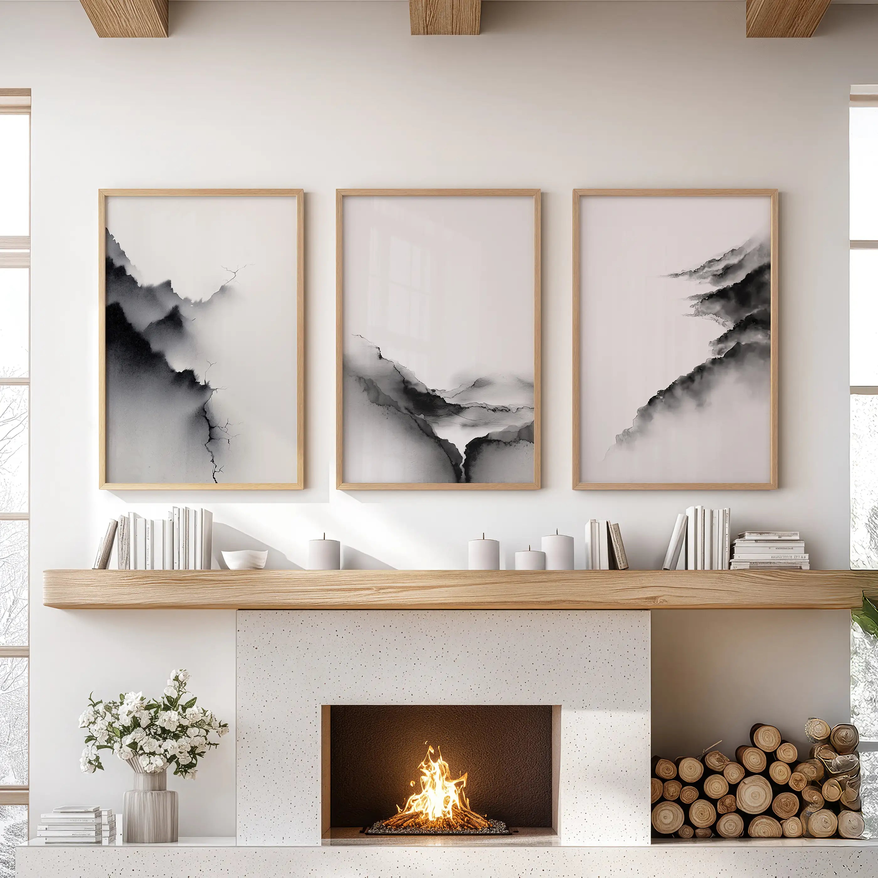 Black White Mountain Landscape Art Set of 3. Calming Nature