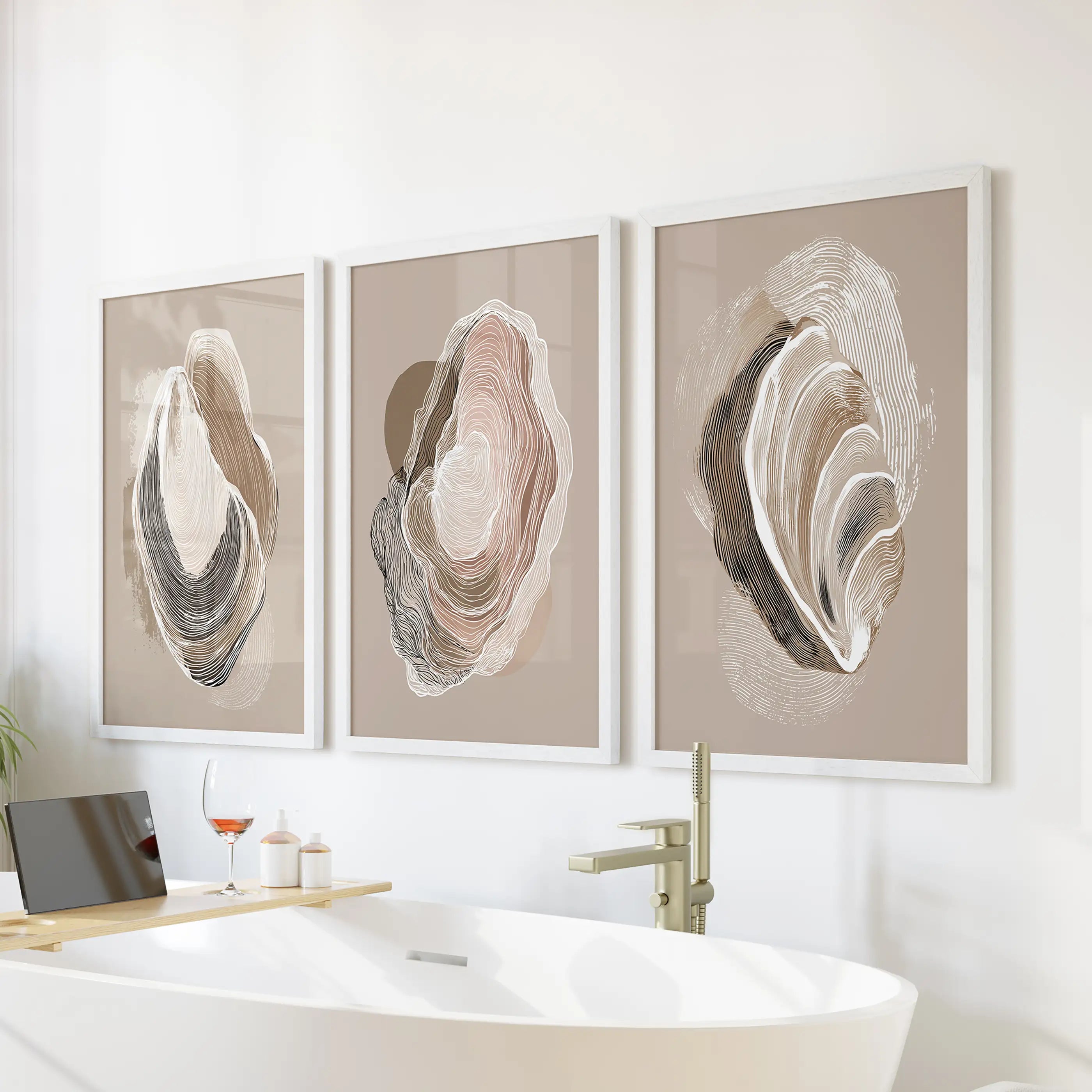 Vintage Oyster Shell Sketch. Minimalist Coastal Wall Art Set