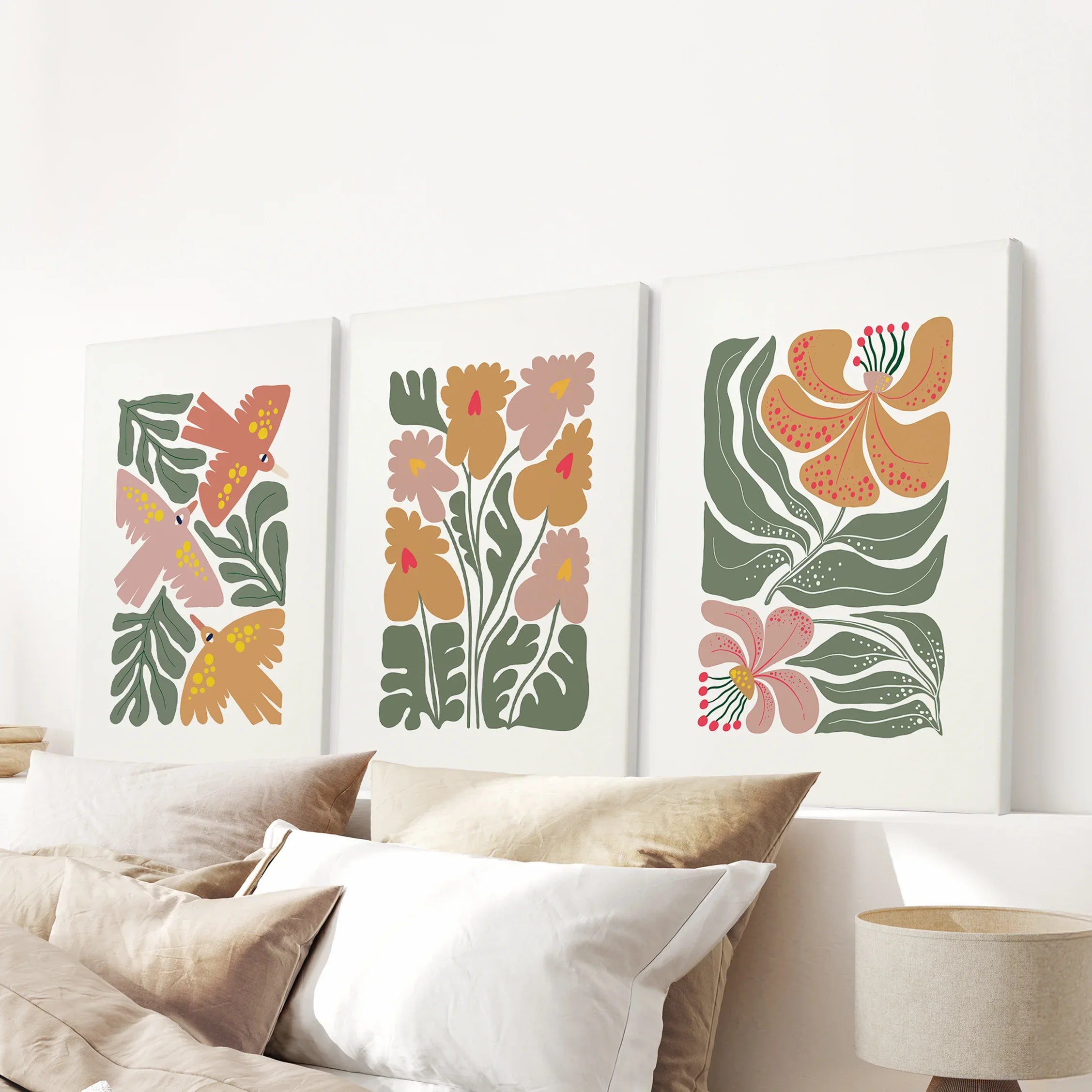Abstract Botanical Set of 3 Prints. Retro Flower Gallery Art