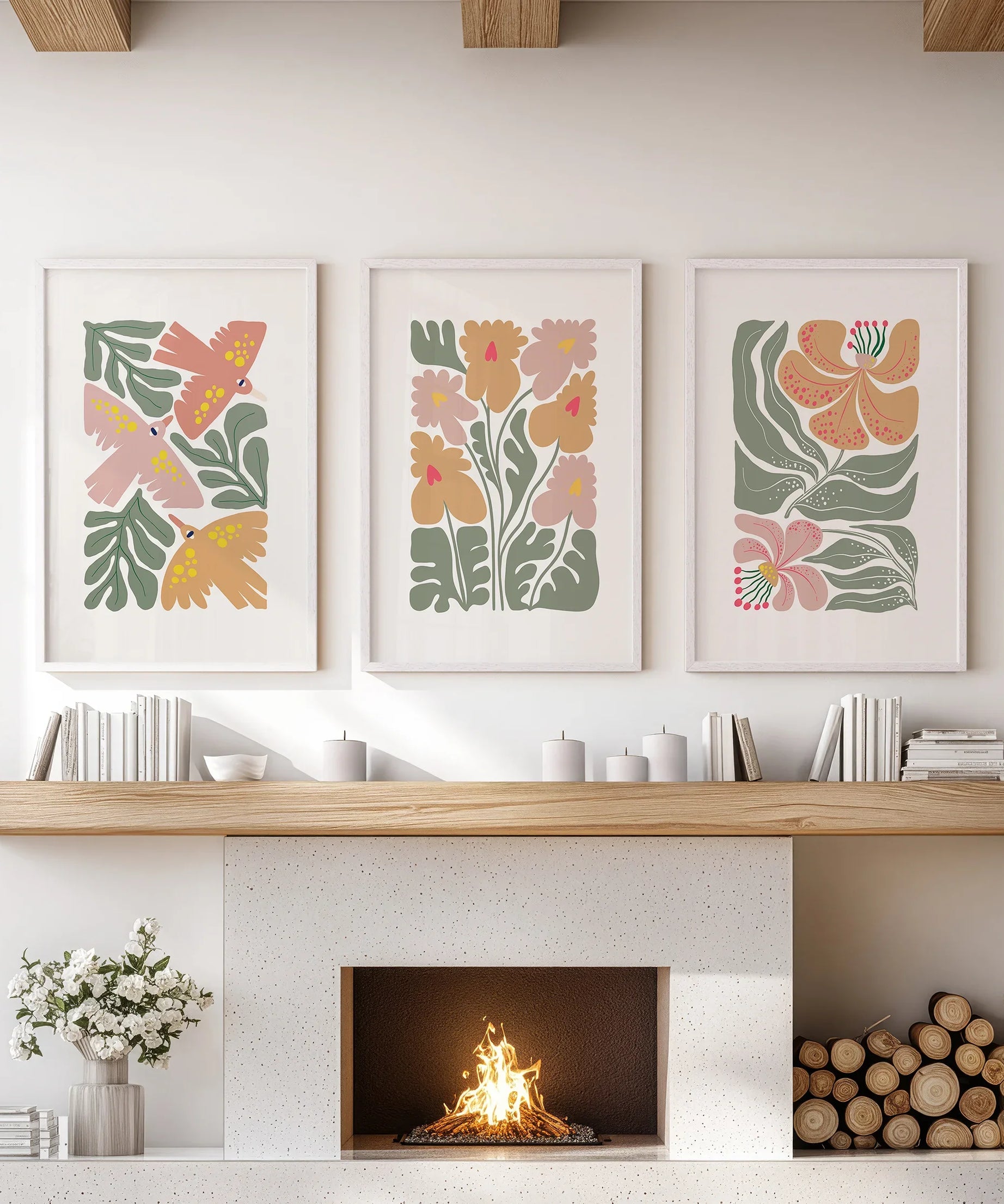 Abstract Botanical Set of 3 Prints. Retro Flower Gallery Art