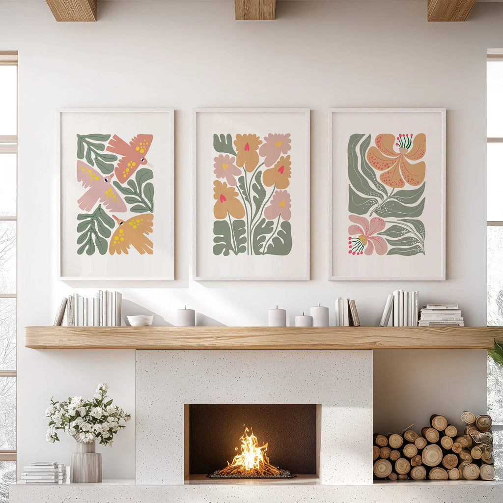 Abstract Botanical Set of 3 Prints. Retro Flower Gallery Art