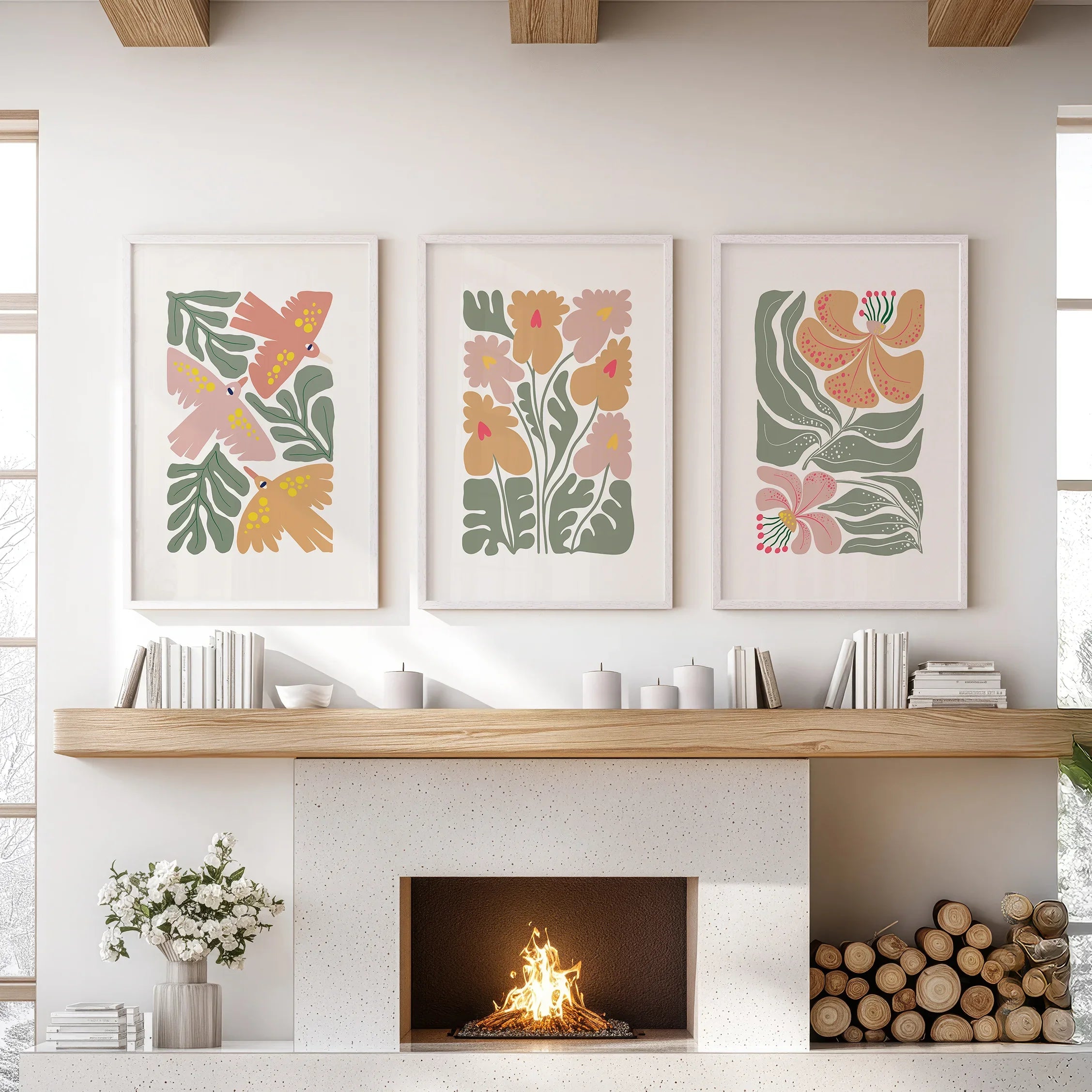 Abstract Botanical Set of 3 Prints. Retro Flower Gallery Art