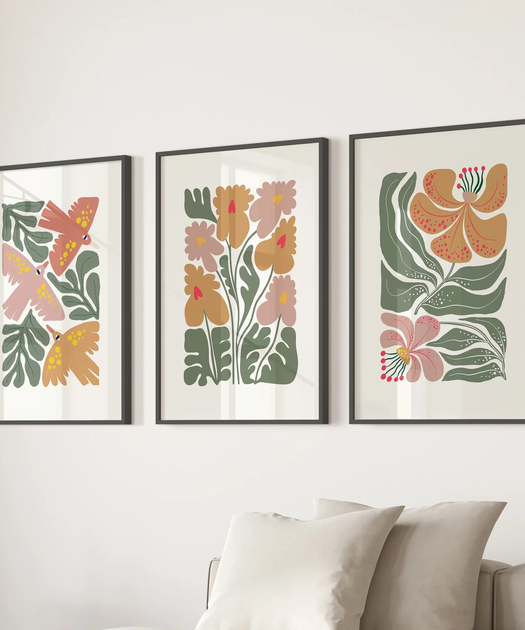 Abstract Botanical Set of 3 Prints. Retro Flower Gallery Art