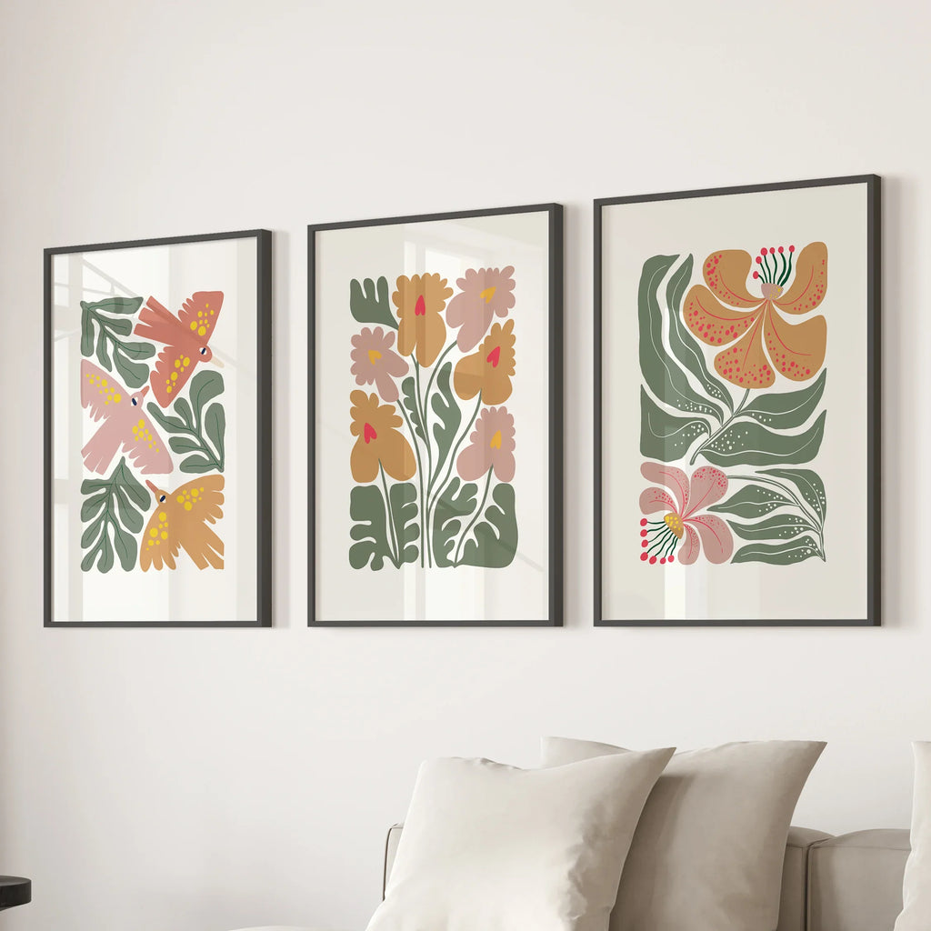 Abstract Botanical Set of 3 Prints. Retro Flower Gallery Art