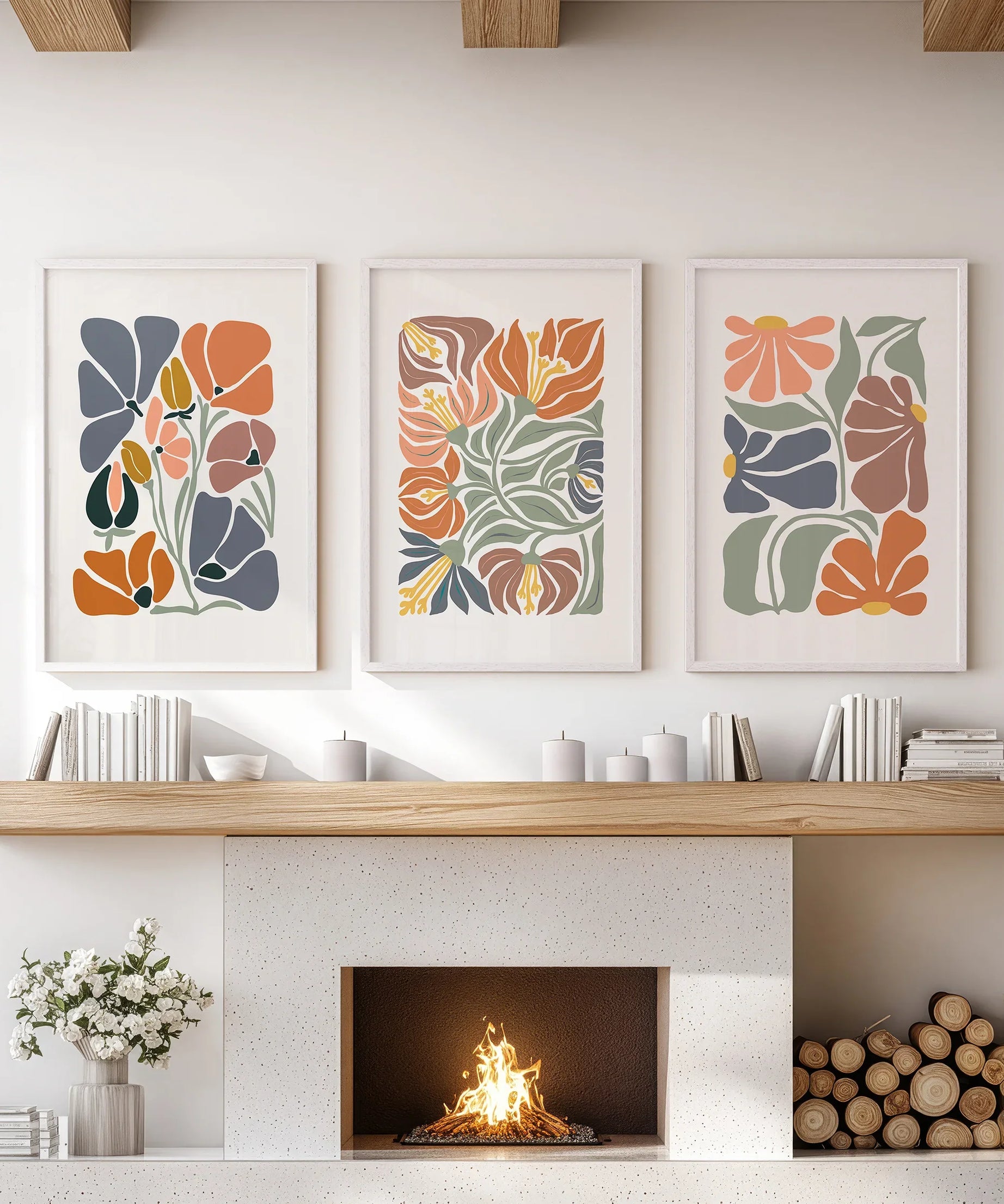 Boho Botanical Set of 3 Wall Art. Abstract Flowers Prints