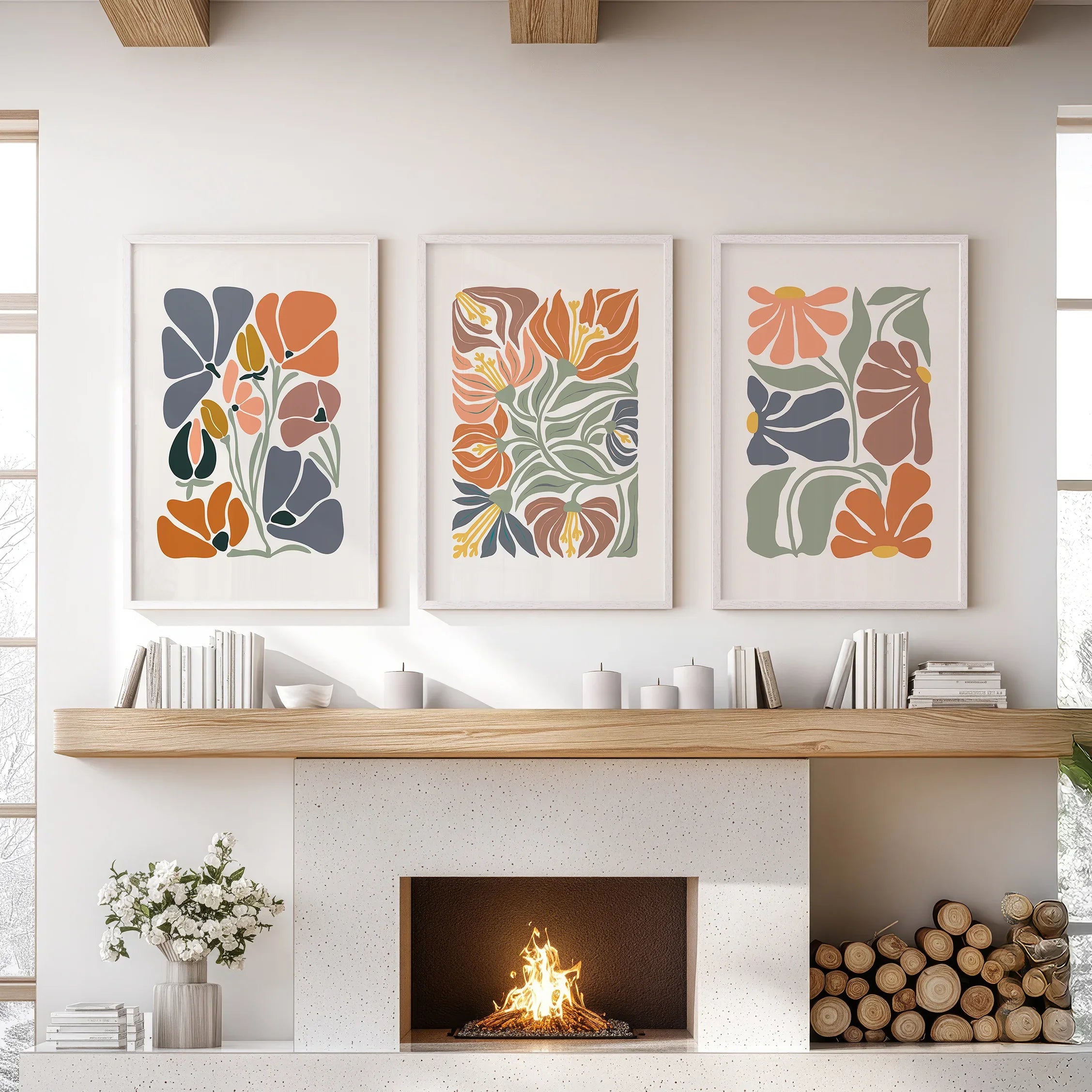 Boho Botanical Set of 3 Wall Art. Abstract Flowers Prints