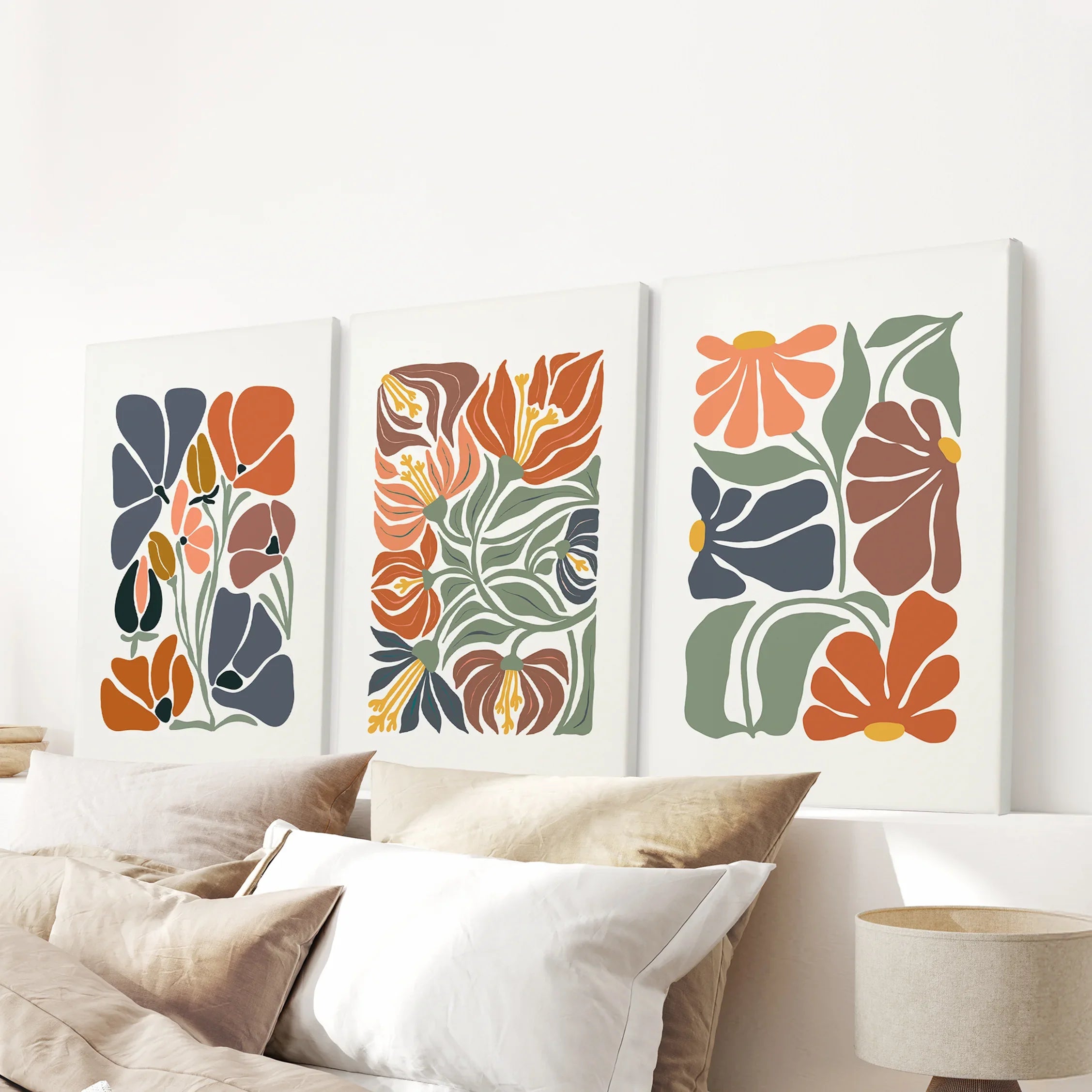 Boho Botanical Set of 3 Wall Art. Abstract Flowers Prints
