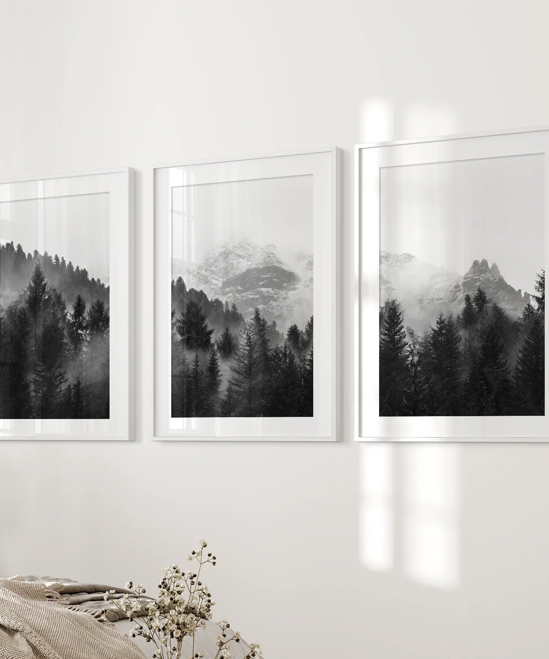 Black White Forest Triptych. Misty Mountains Nature Posters