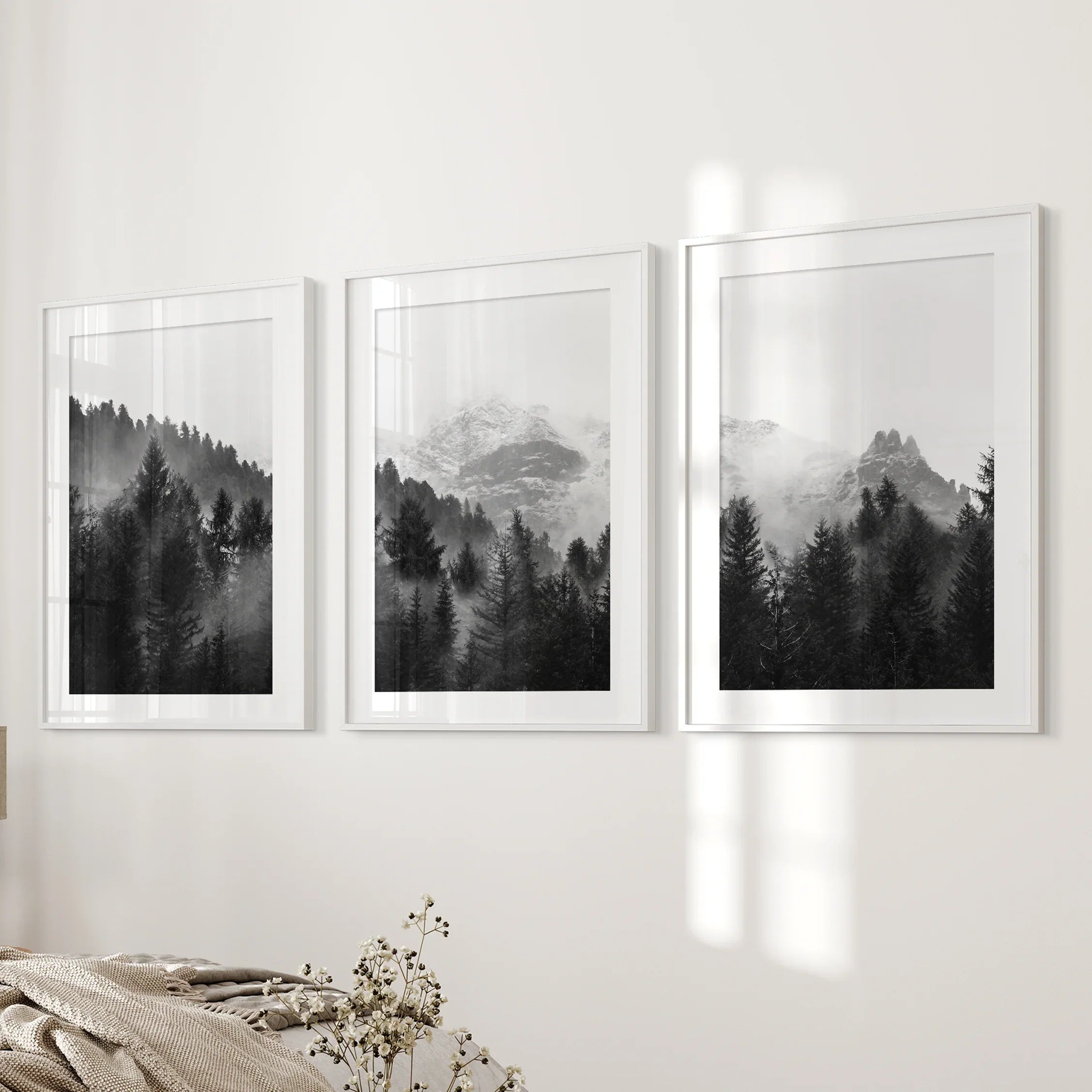Black White Forest Triptych. Misty Mountains Nature Posters